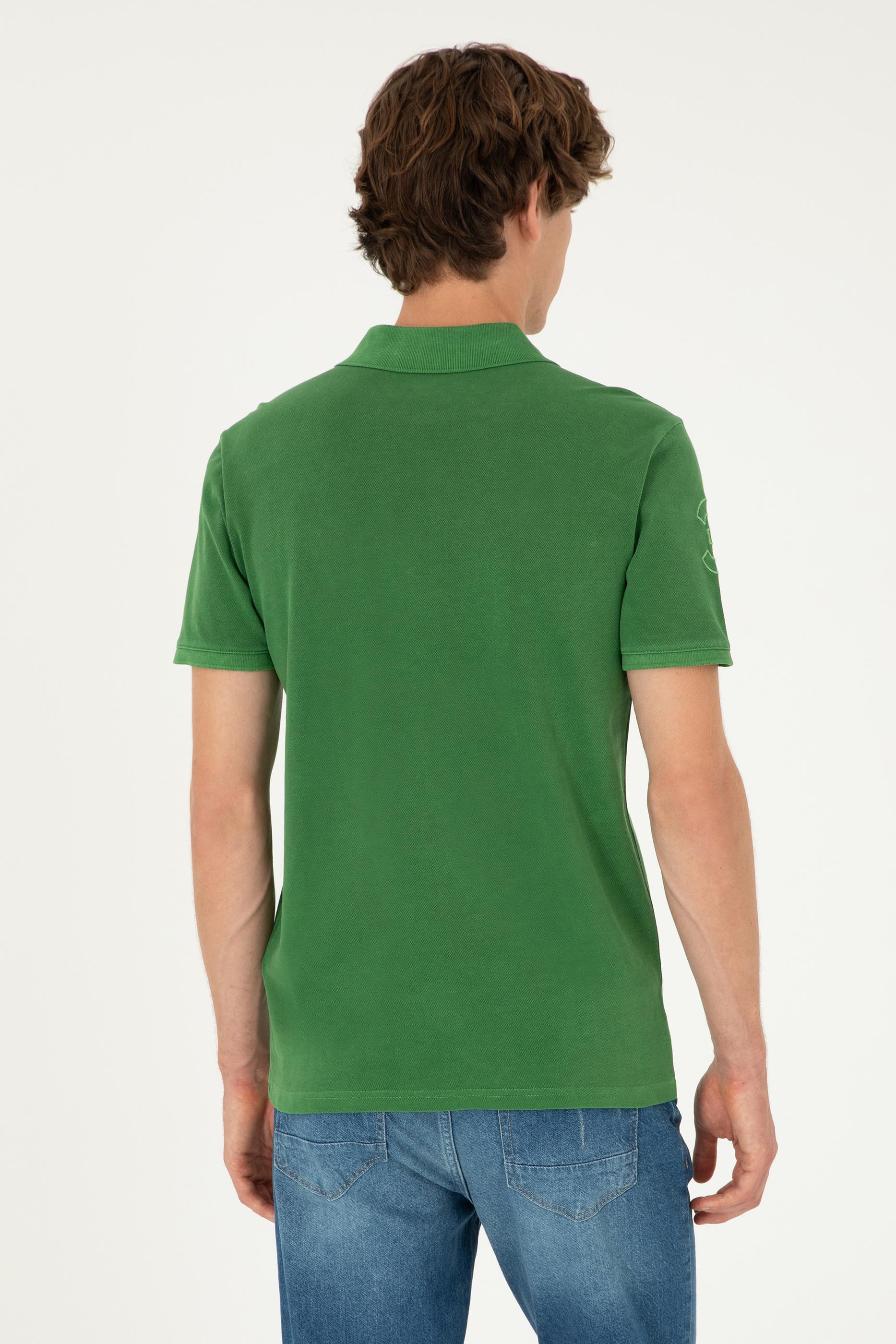 Erkek Slim Fit Polo Yaka Yeşil Basic Tişört