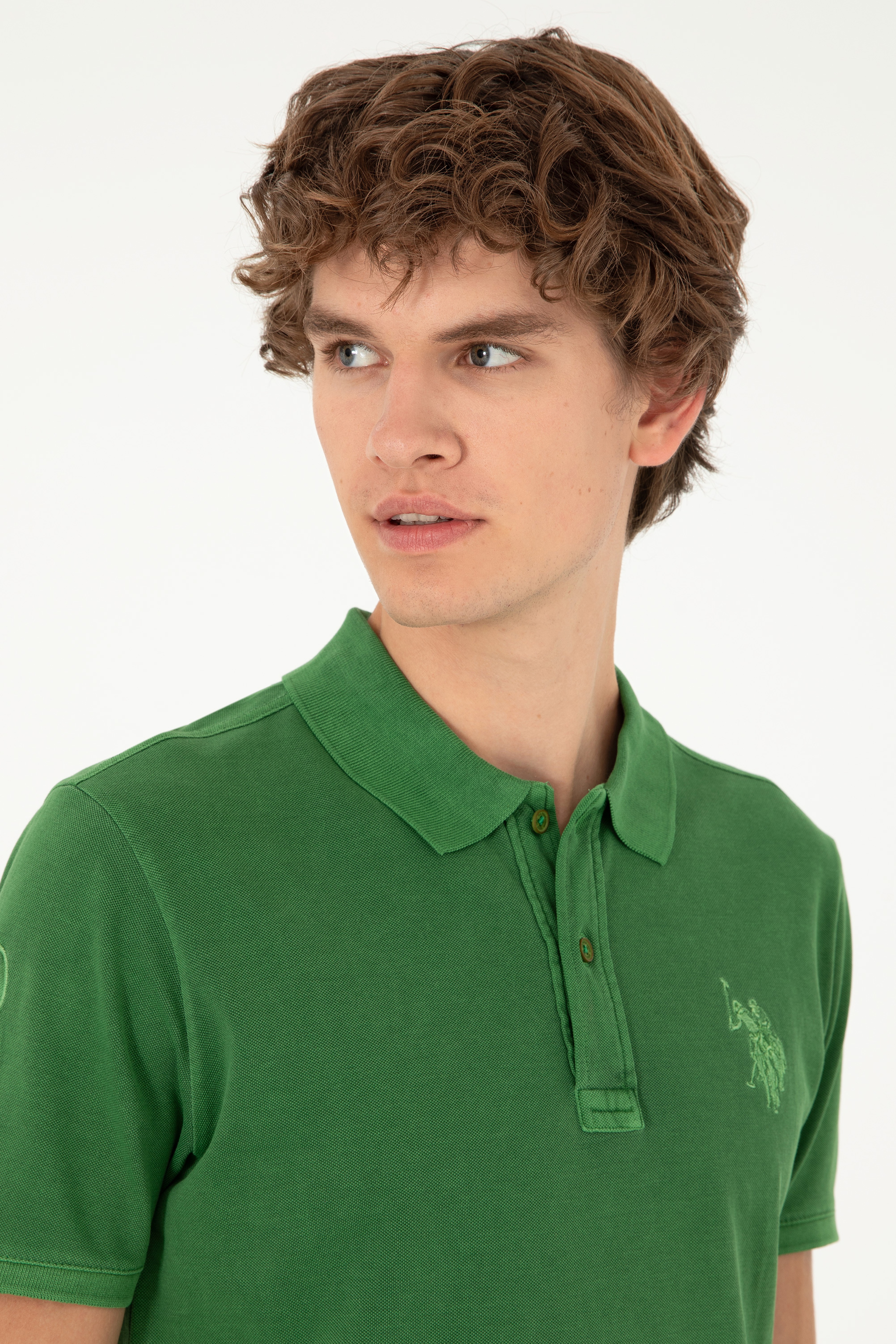 Erkek Slim Fit Polo Yaka Yeşil Basic Tişört - Image 2