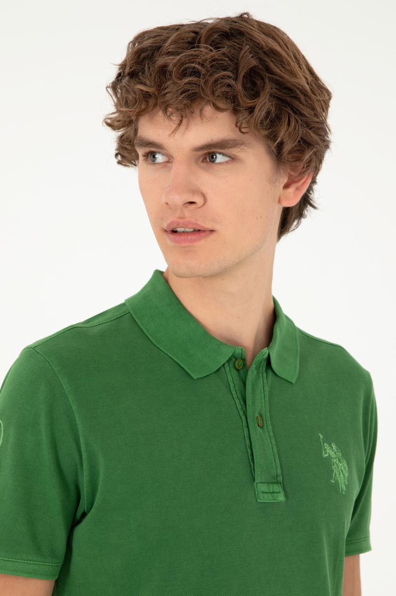 Erkek Slim Fit Polo Yaka Yeşil Basic Tişört