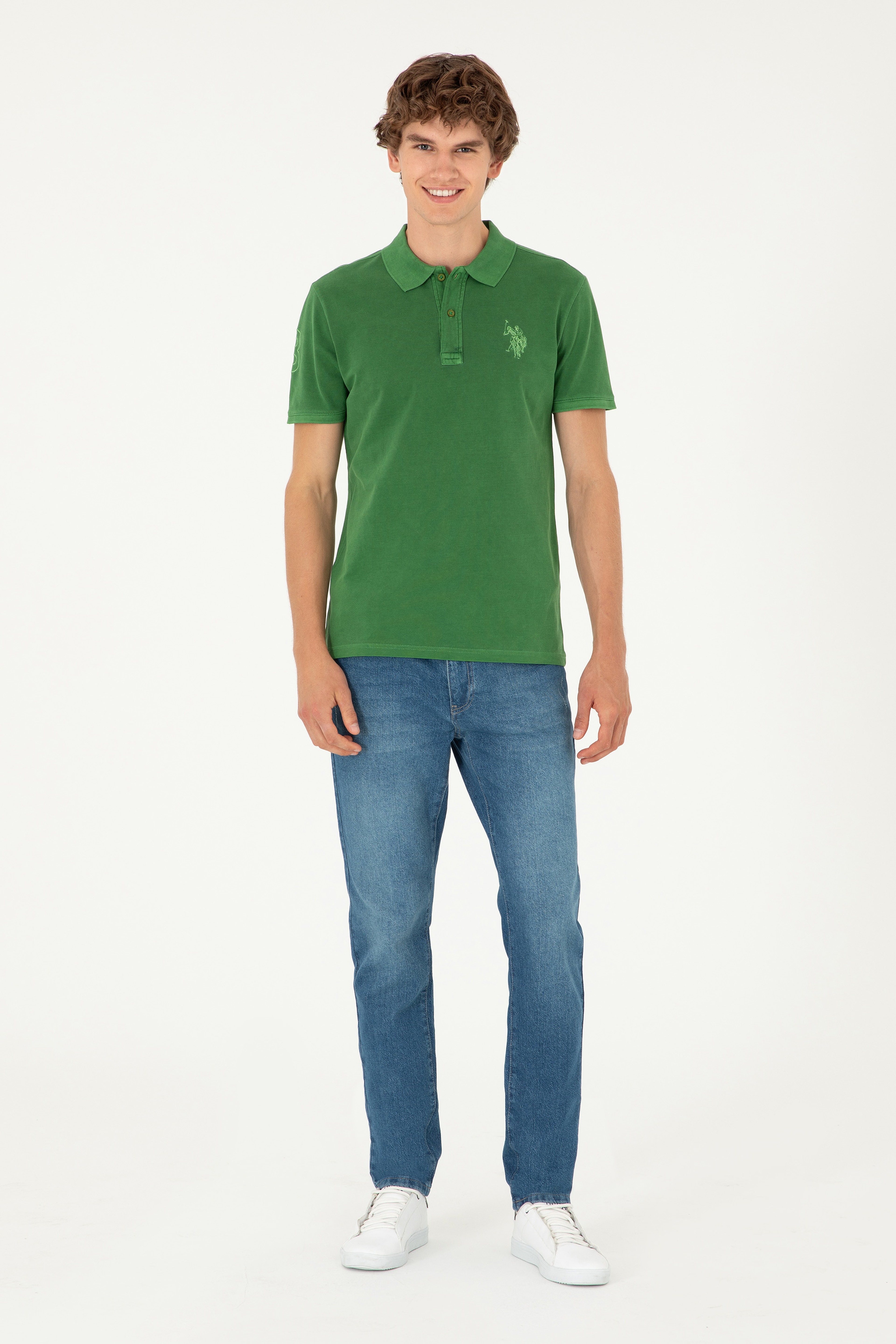 Erkek Slim Fit Polo Yaka Yeşil Basic Tişört