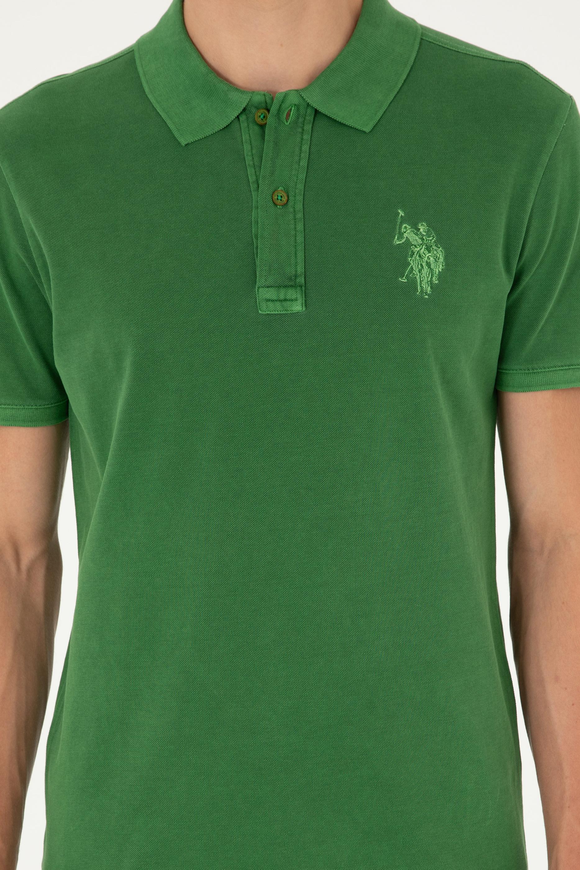 Erkek Slim Fit Polo Yaka Yeşil Basic Tişört