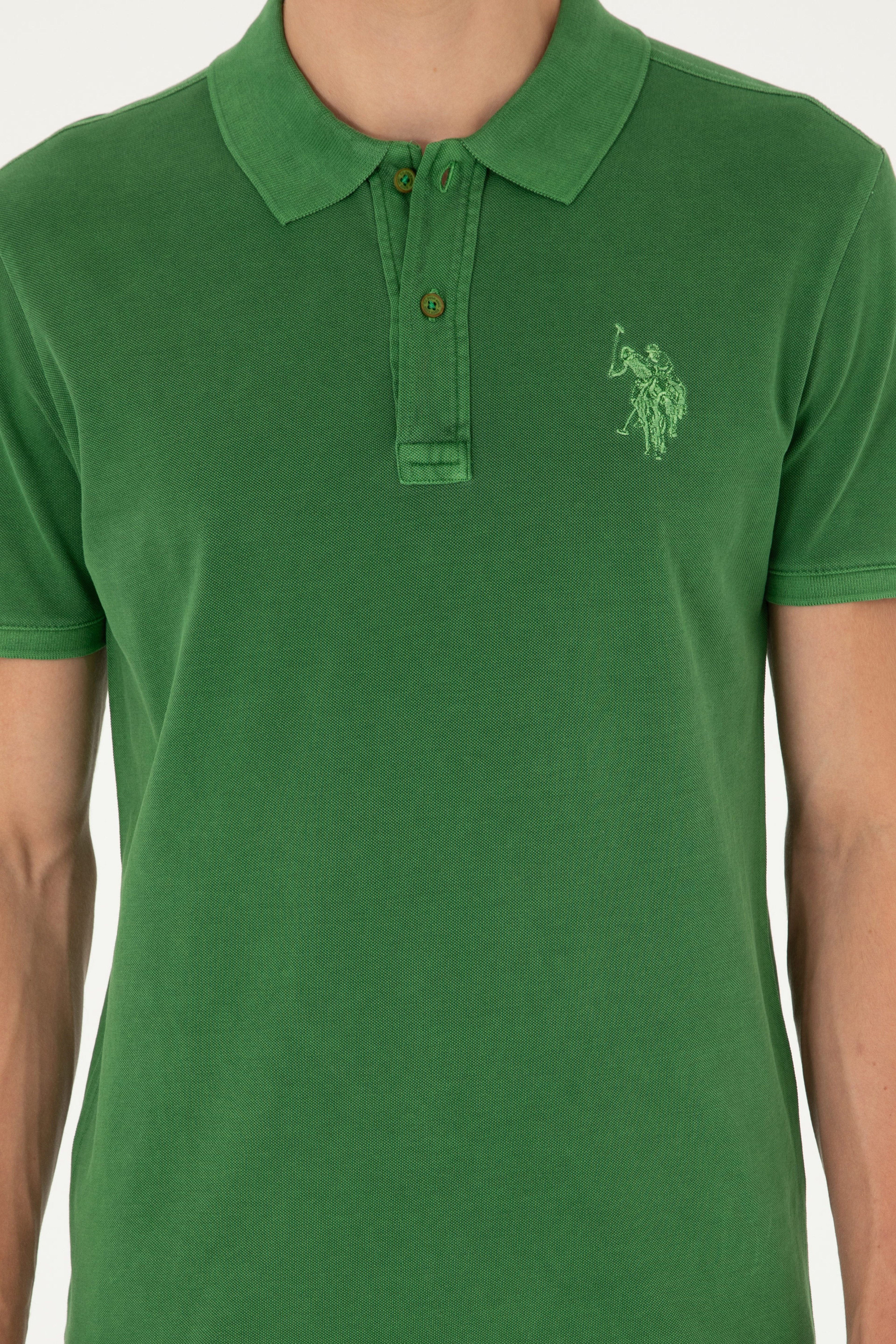 Erkek Slim Fit Polo Yaka Yeşil Basic Tişört - Image 6