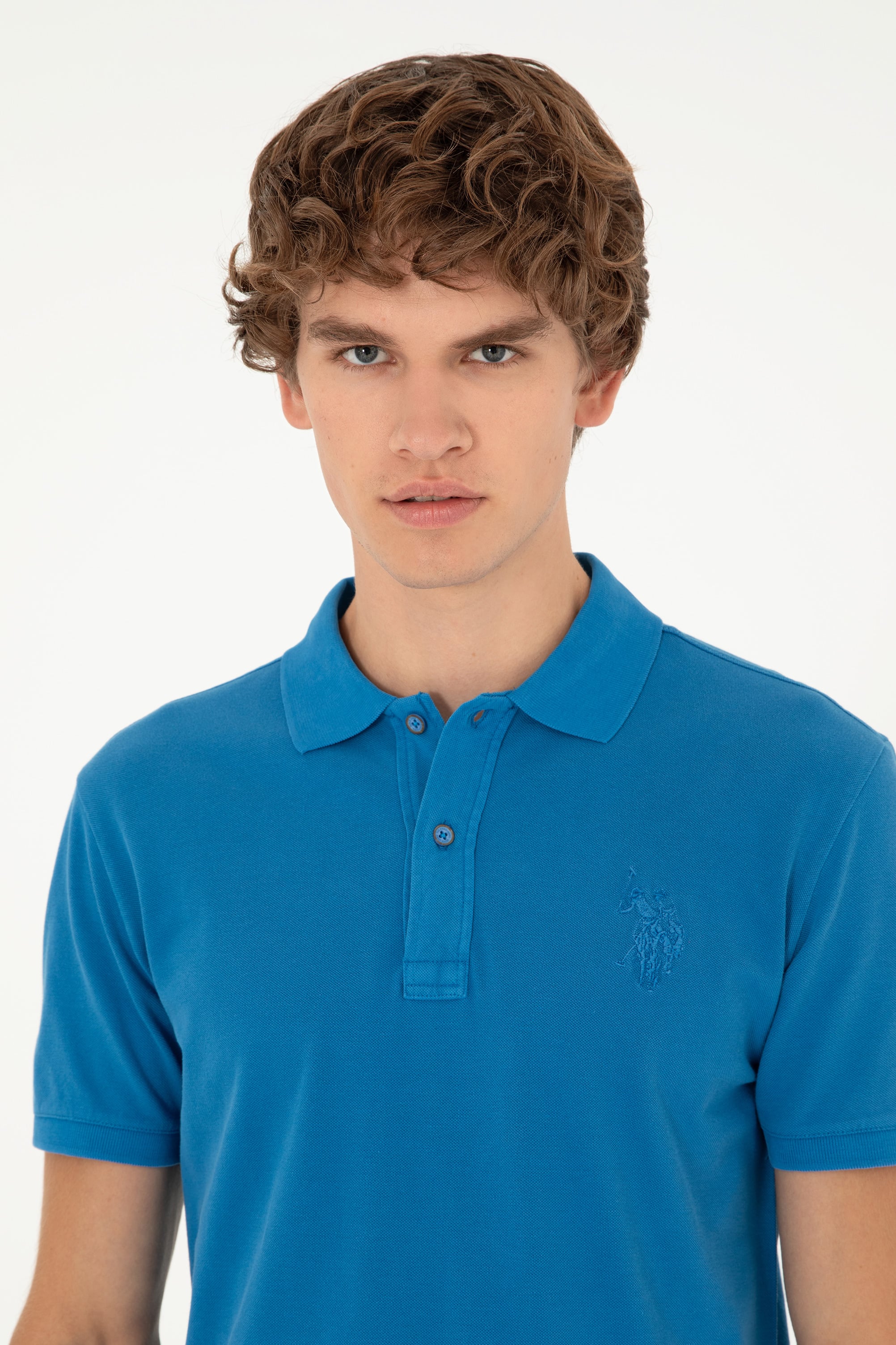 Erkek Slim Fit Polo Yaka Saks Basic Tişört - Image 2