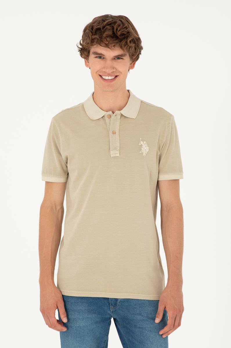 Erkek Slim Fit Polo Yaka Açık Haki Basic Tişört