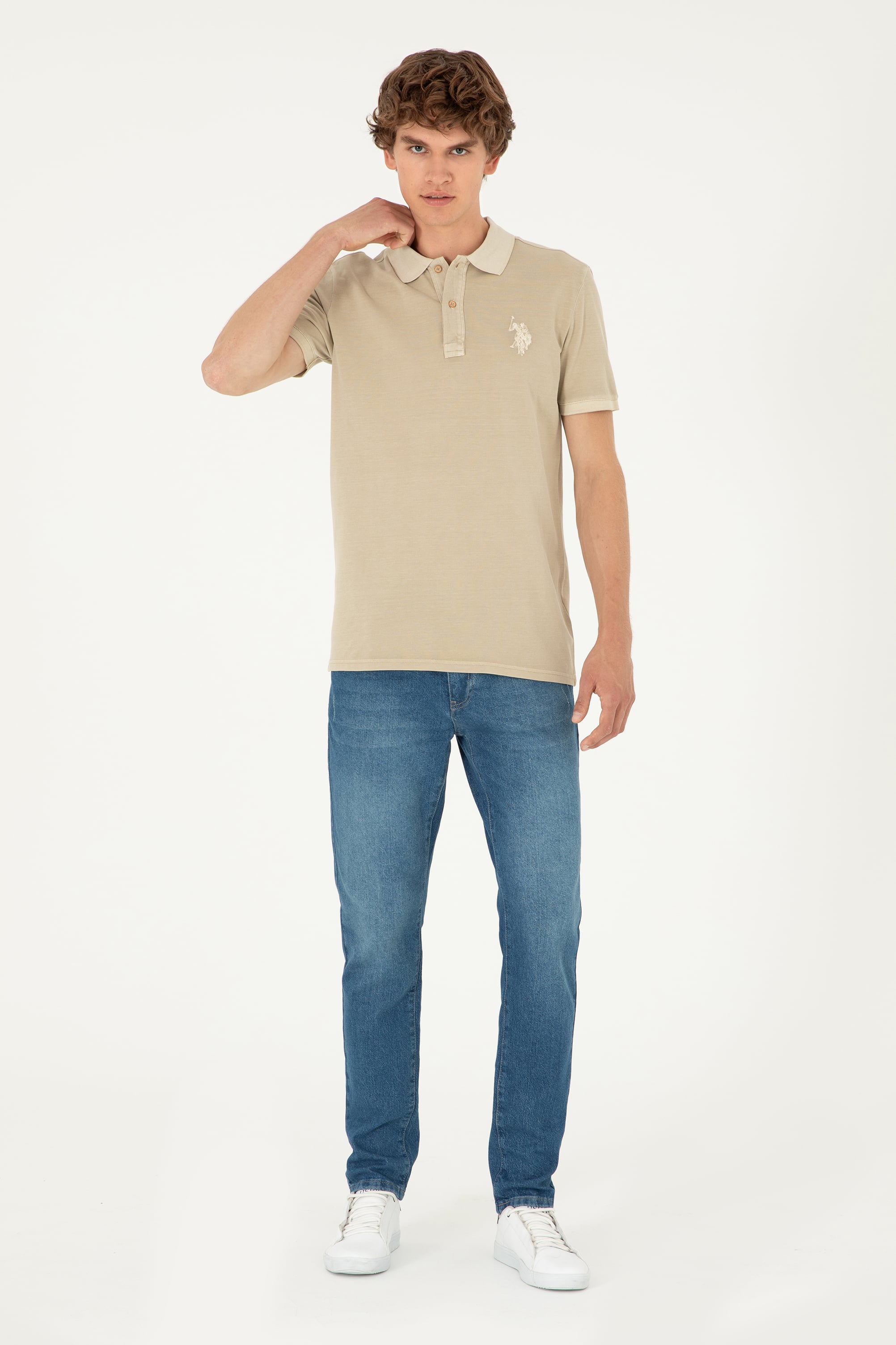 Erkek Slim Fit Polo Yaka Açık Haki Basic Tişört - Image 4