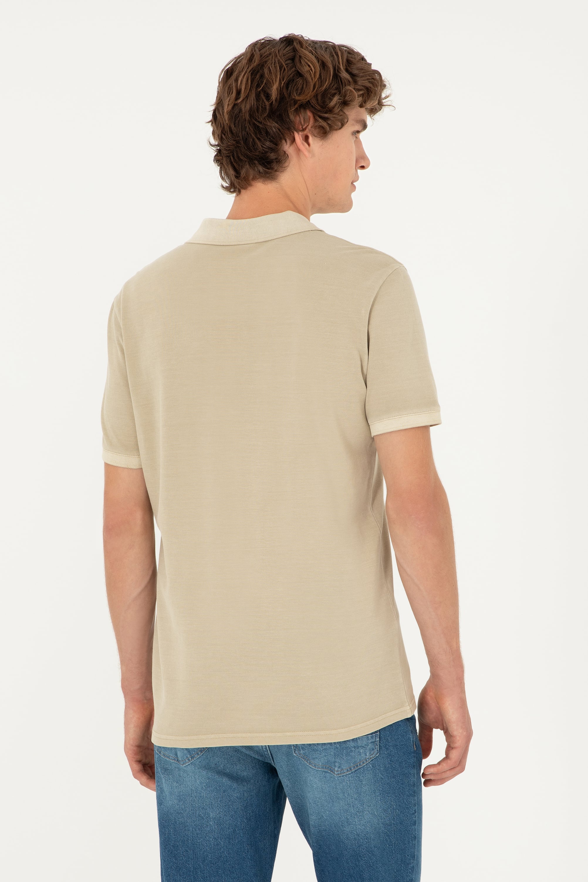 Erkek Slim Fit Polo Yaka Açık Haki Basic Tişört - Image 5