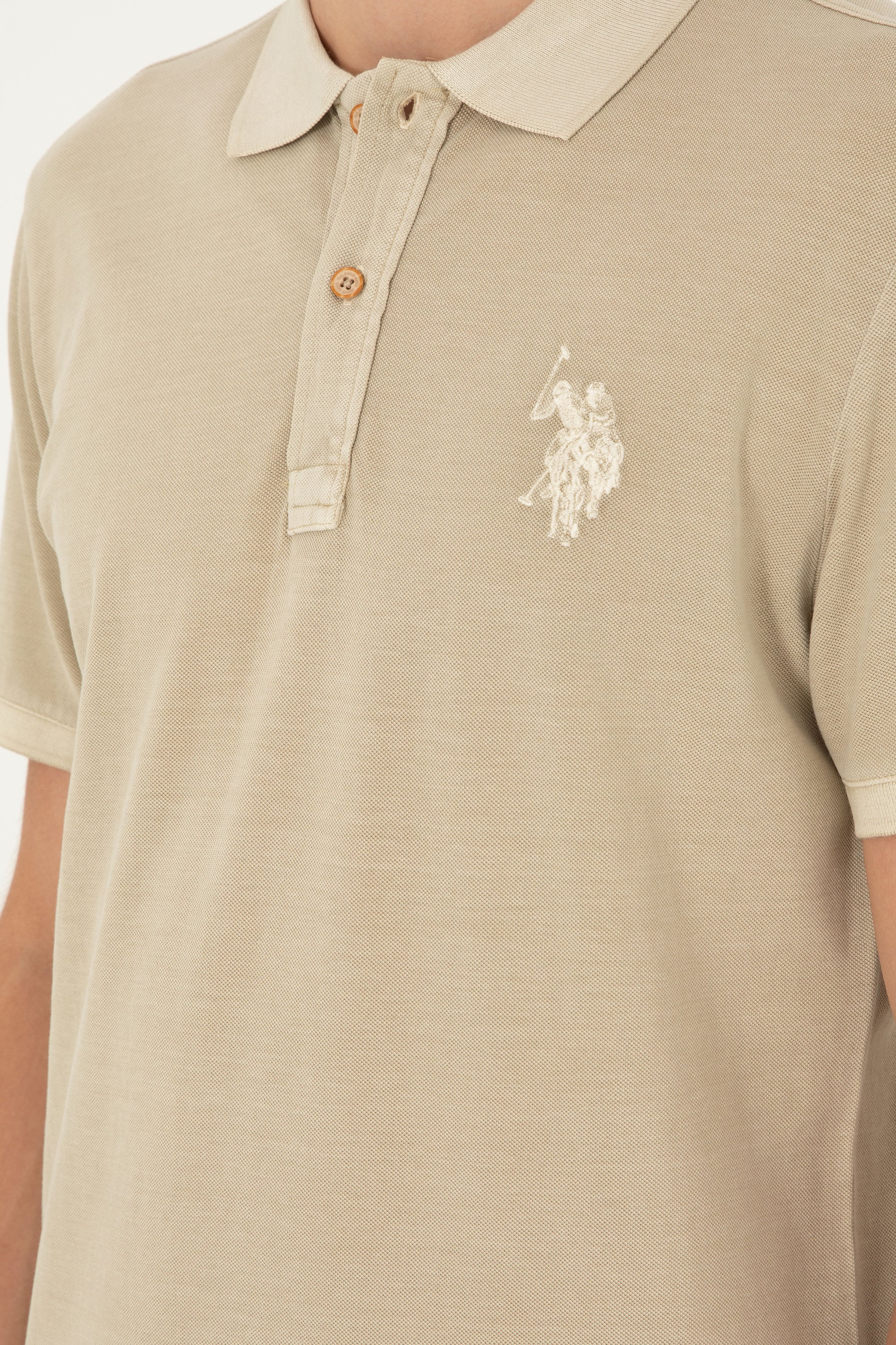 Erkek Slim Fit Polo Yaka Açık Haki Basic Tişört - Image 7