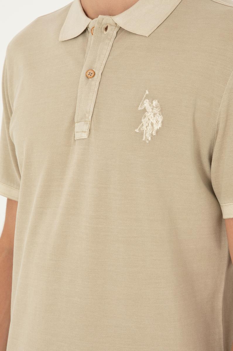 Erkek Slim Fit Polo Yaka Açık Haki Basic Tişört