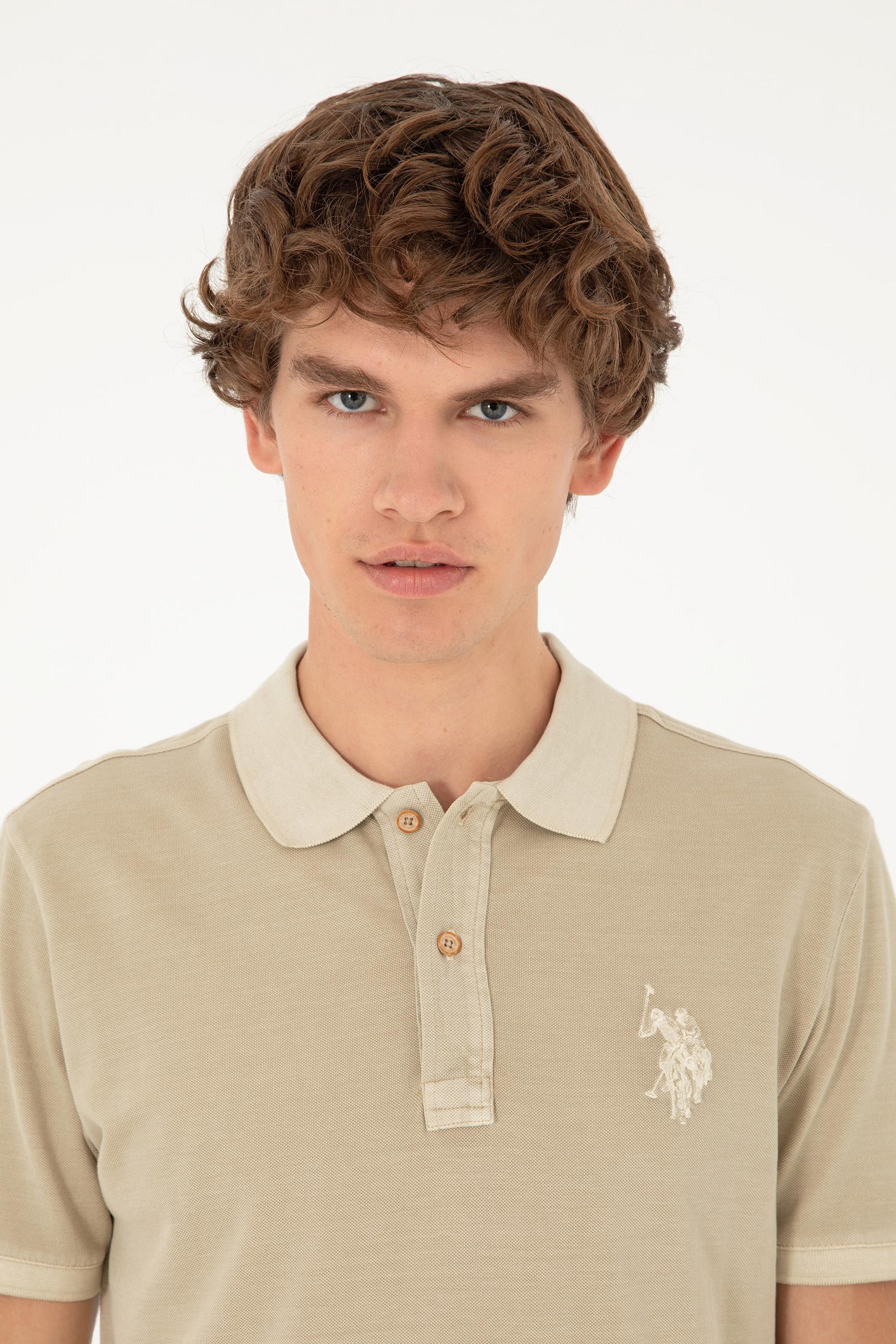 Erkek Slim Fit Polo Yaka Açık Haki Basic Tişört