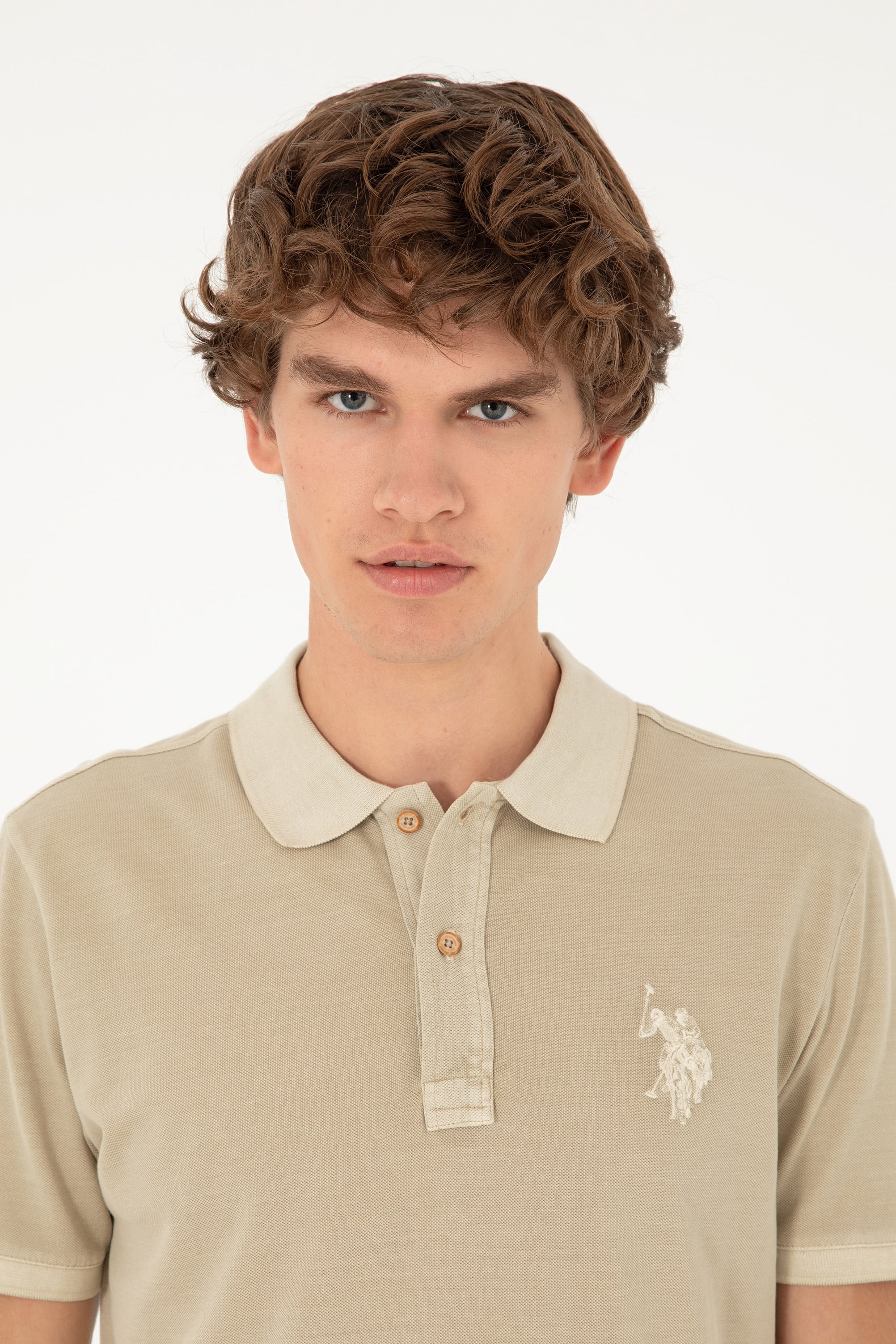 Erkek Slim Fit Polo Yaka Açık Haki Basic Tişört - Image 2