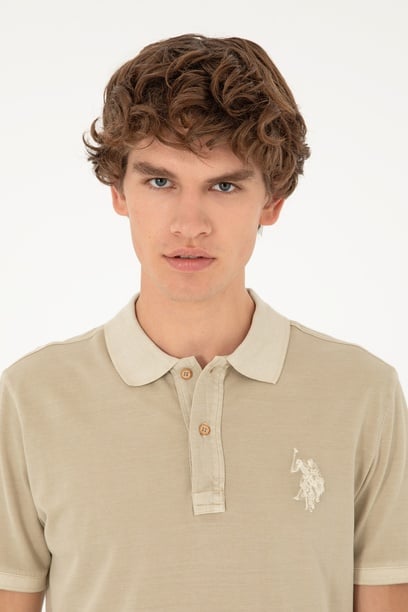 Erkek Slim Fit Polo Yaka Açık Haki Basic Tişört