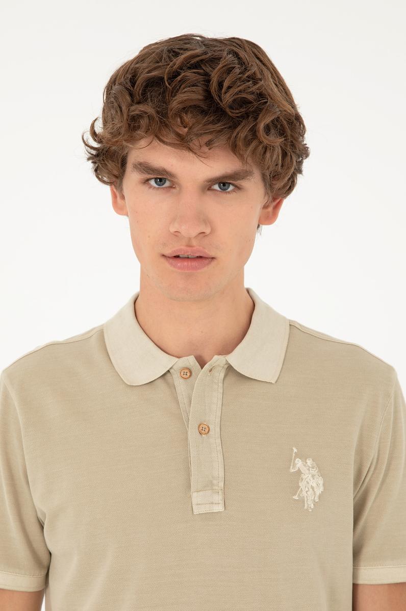Erkek Slim Fit Polo Yaka Açık Haki Basic Tişört