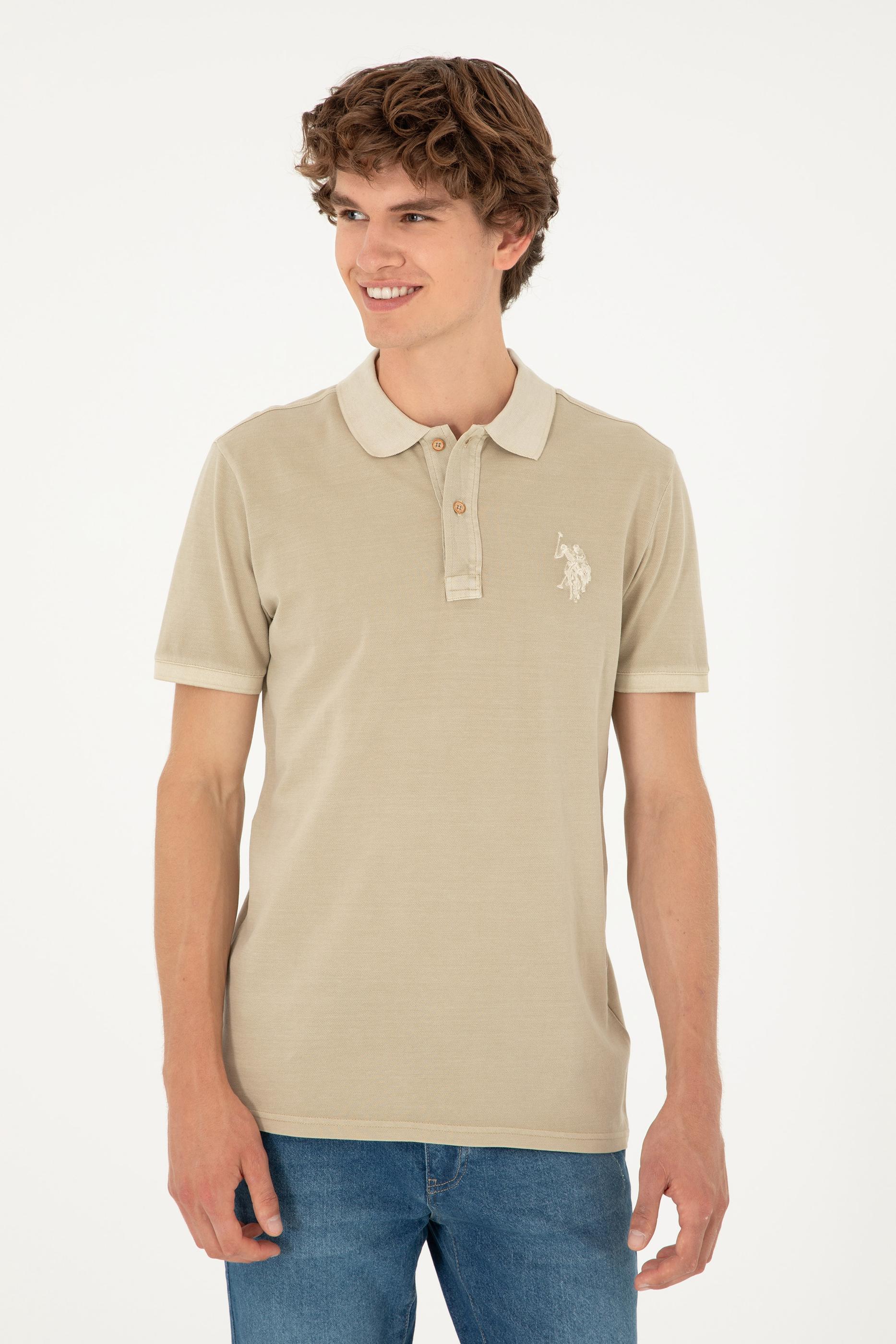 Erkek Slim Fit Polo Yaka Açık Haki Basic Tişört