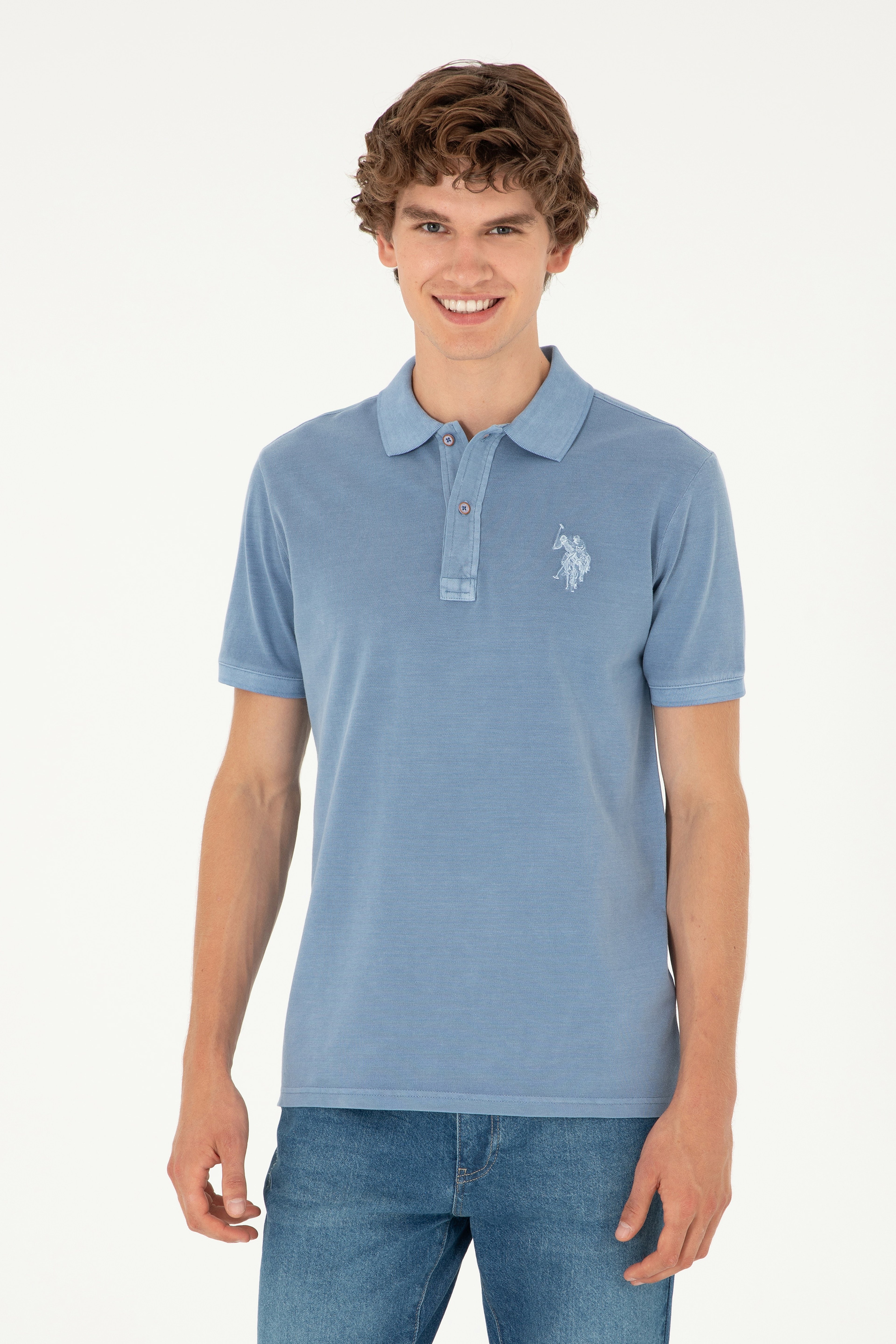 Erkek Slim Fit Polo Yaka İndigo Basic Tişört - Image 1