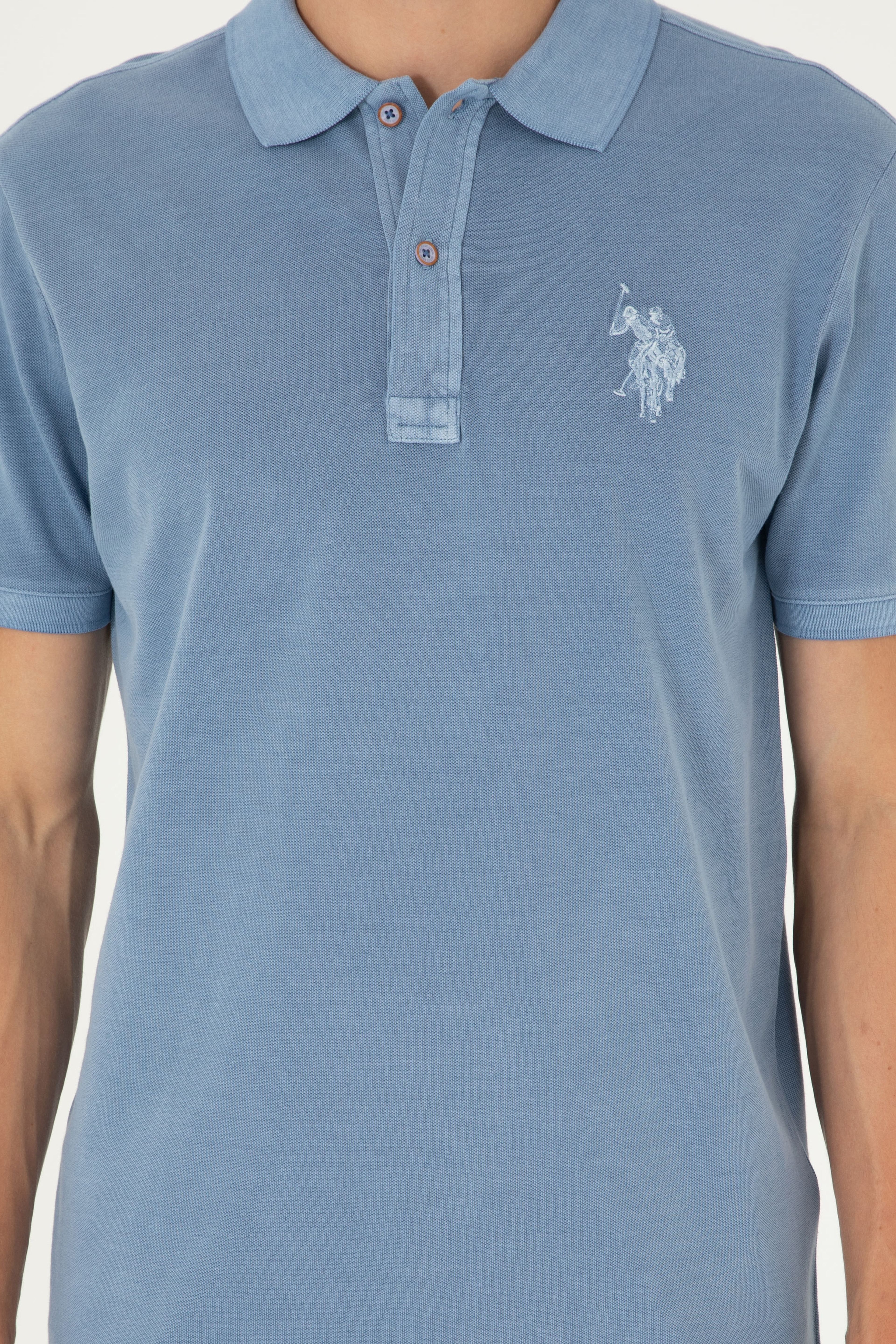 Erkek Slim Fit Polo Yaka İndigo Basic Tişört - Image 6