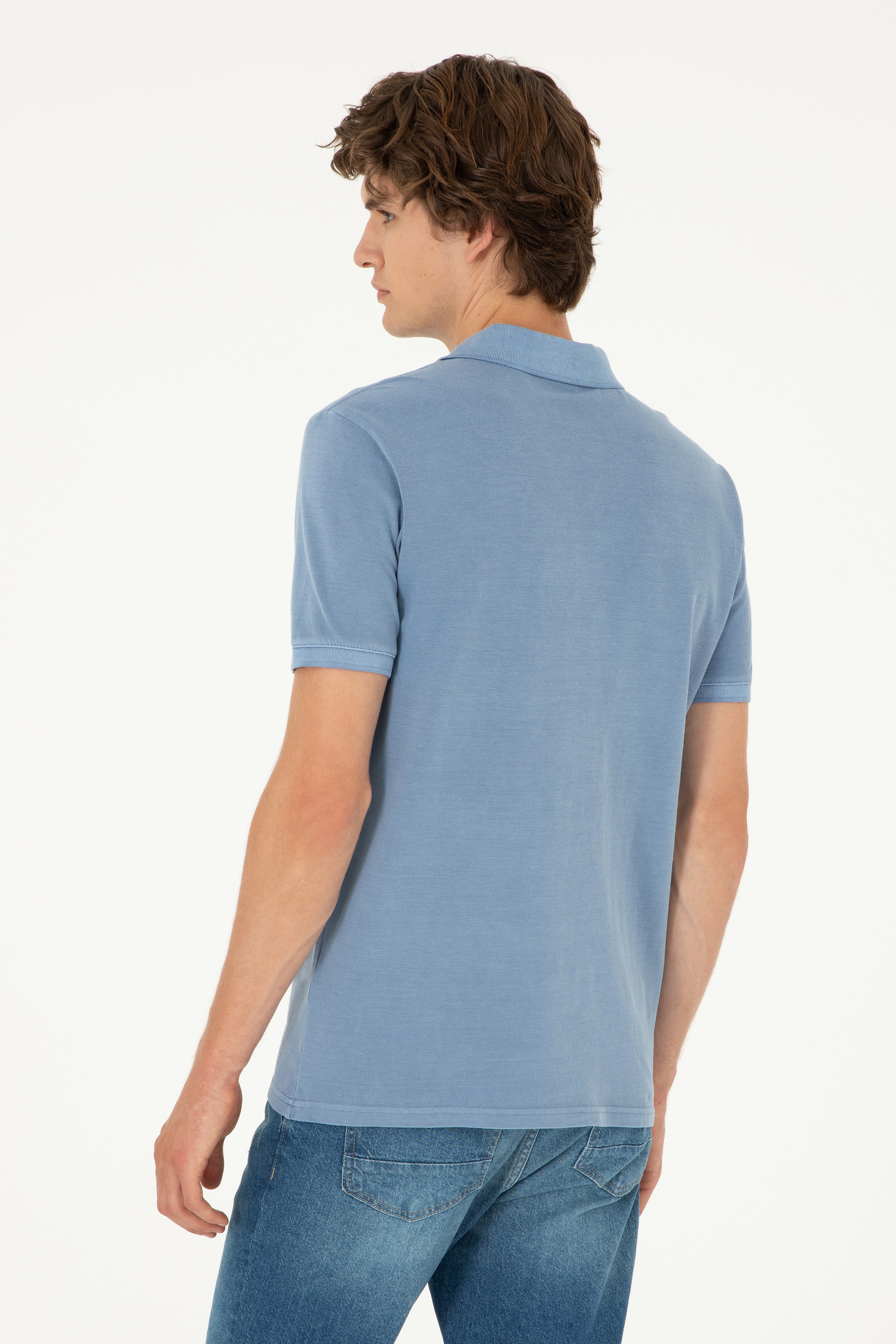 Erkek Slim Fit Polo Yaka İndigo Basic Tişört - Image 5