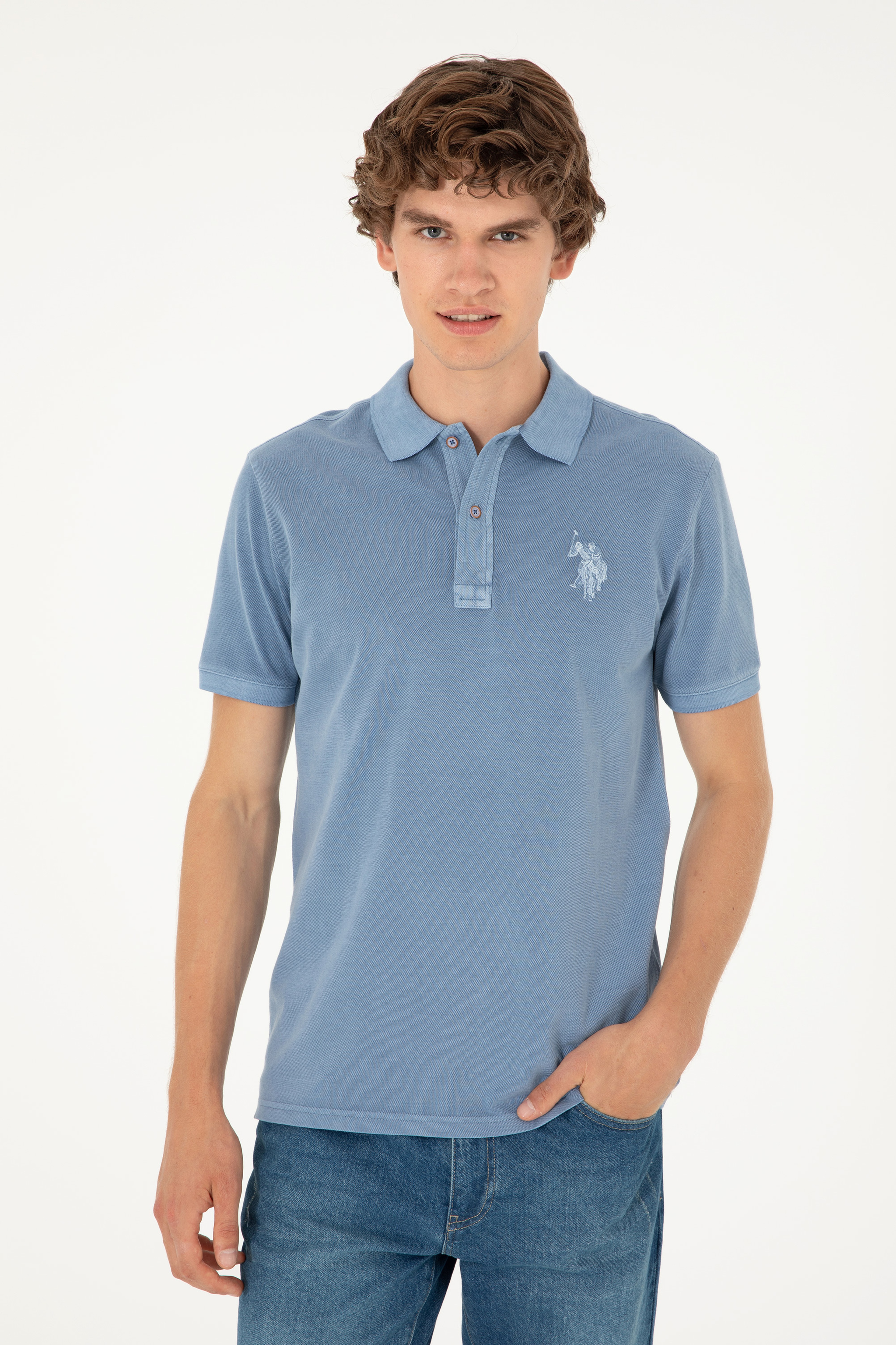 Erkek Slim Fit Polo Yaka İndigo Basic Tişört - Image 3