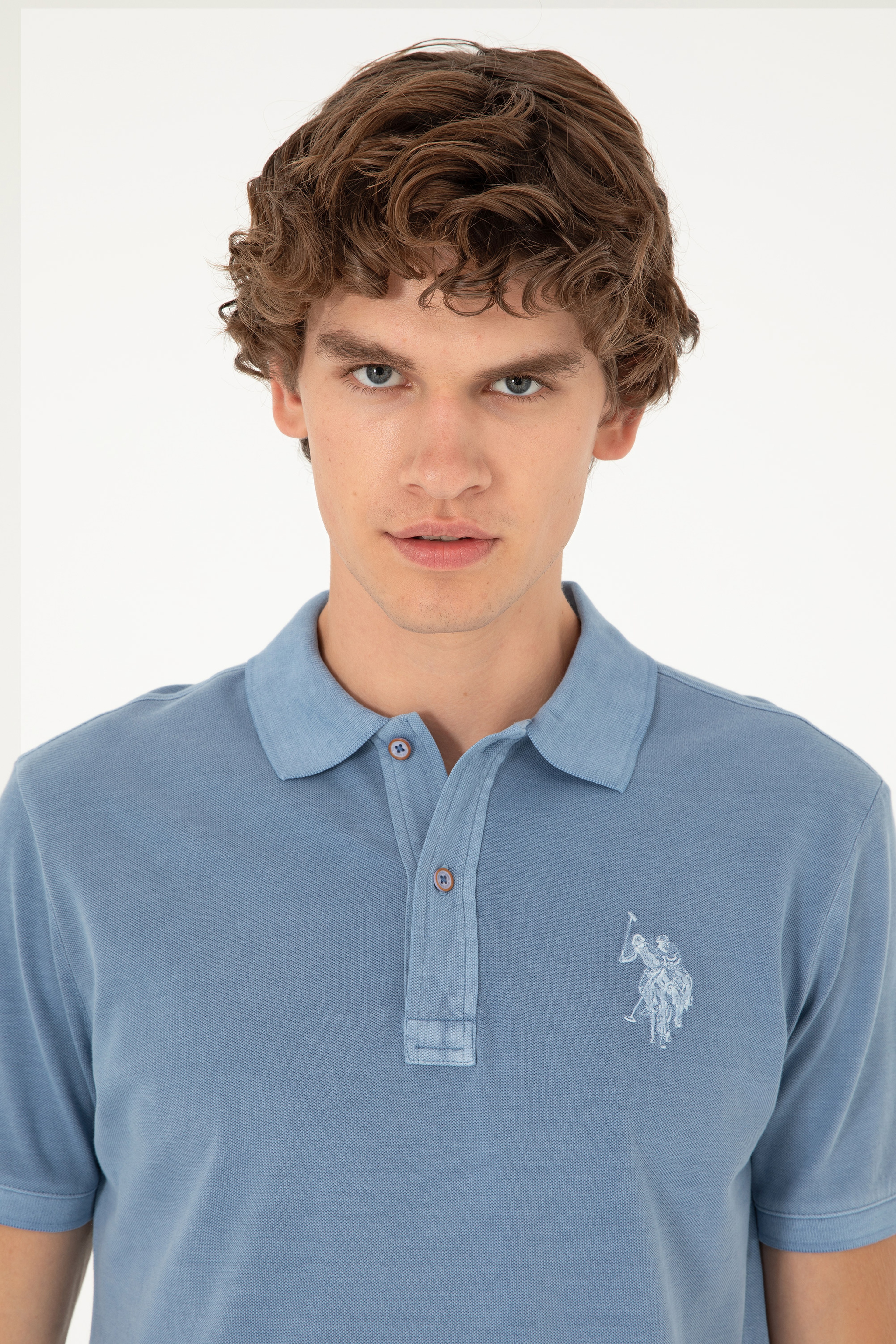 Erkek Slim Fit Polo Yaka İndigo Basic Tişört - Image 2