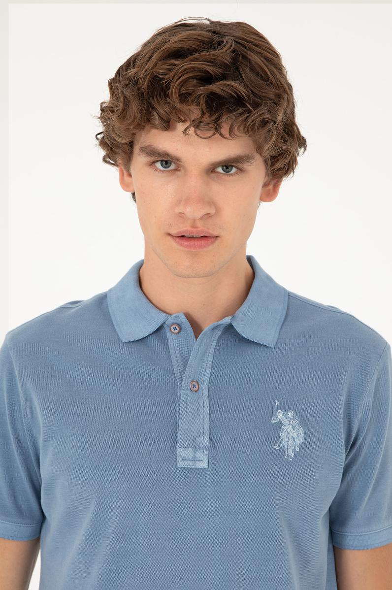 Erkek Slim Fit Polo Yaka İndigo Basic Tişört