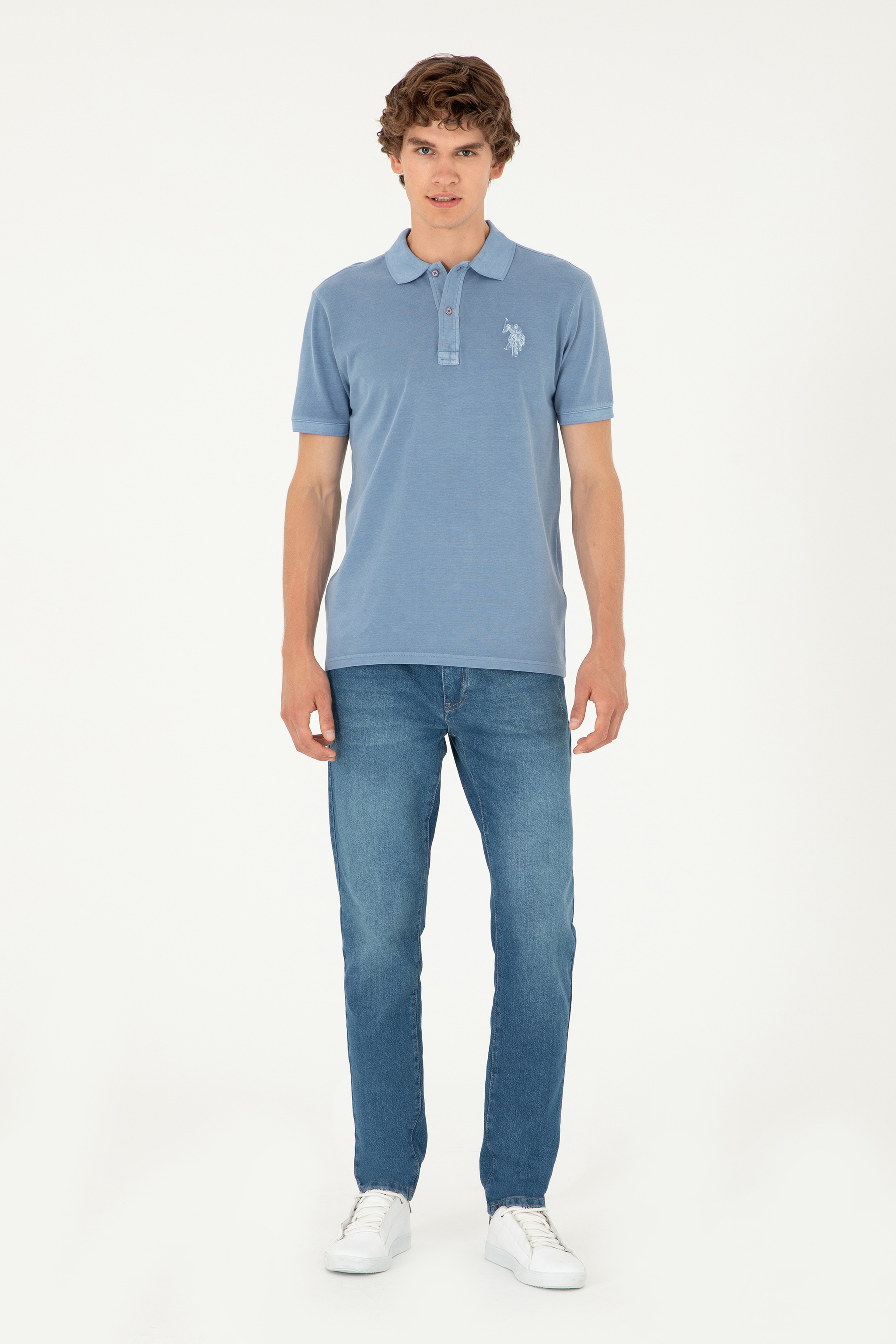 Erkek Slim Fit Polo Yaka İndigo Basic Tişört - Image 4