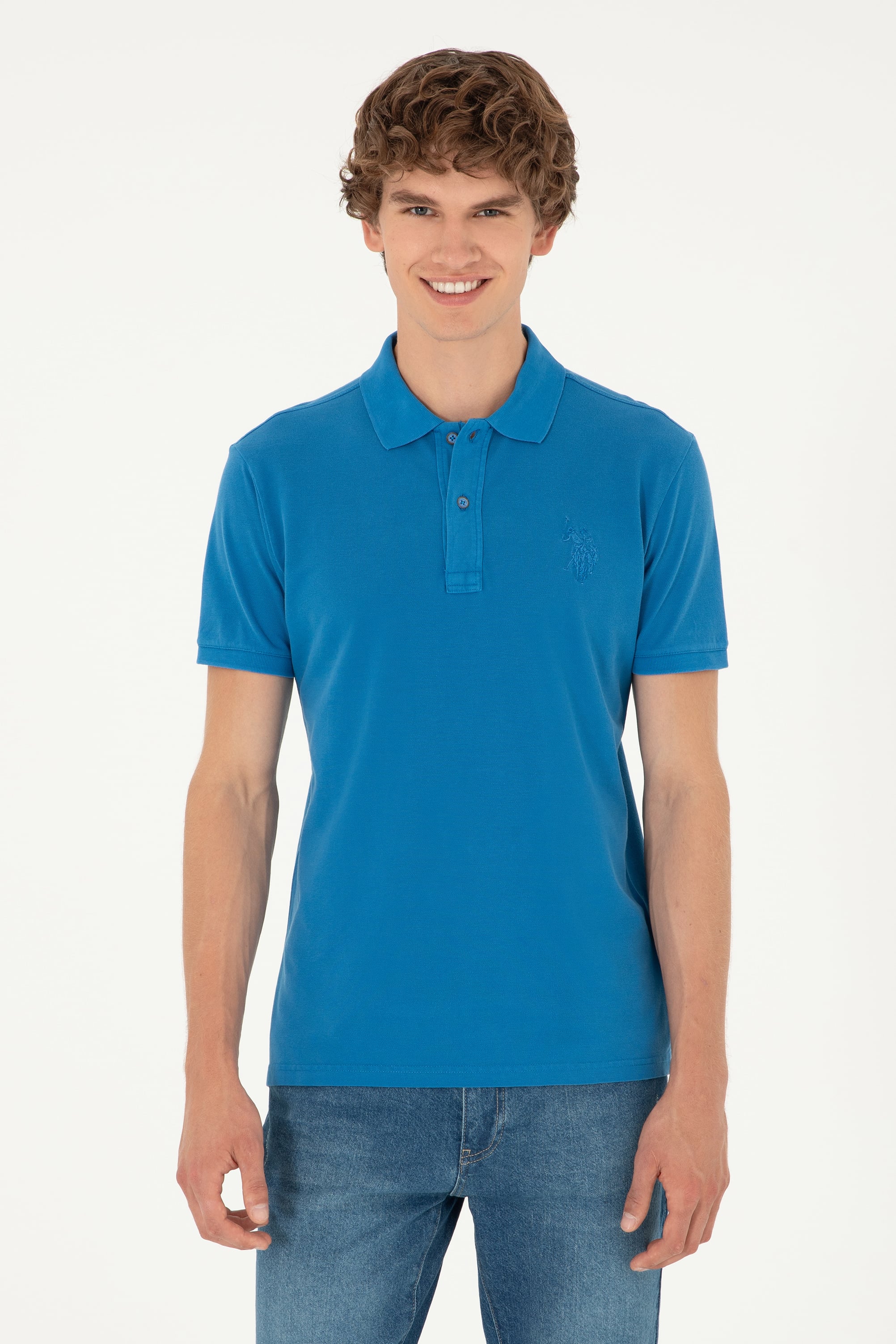 Erkek Slim Fit Polo Yaka Saks Basic Tişört - Image 1