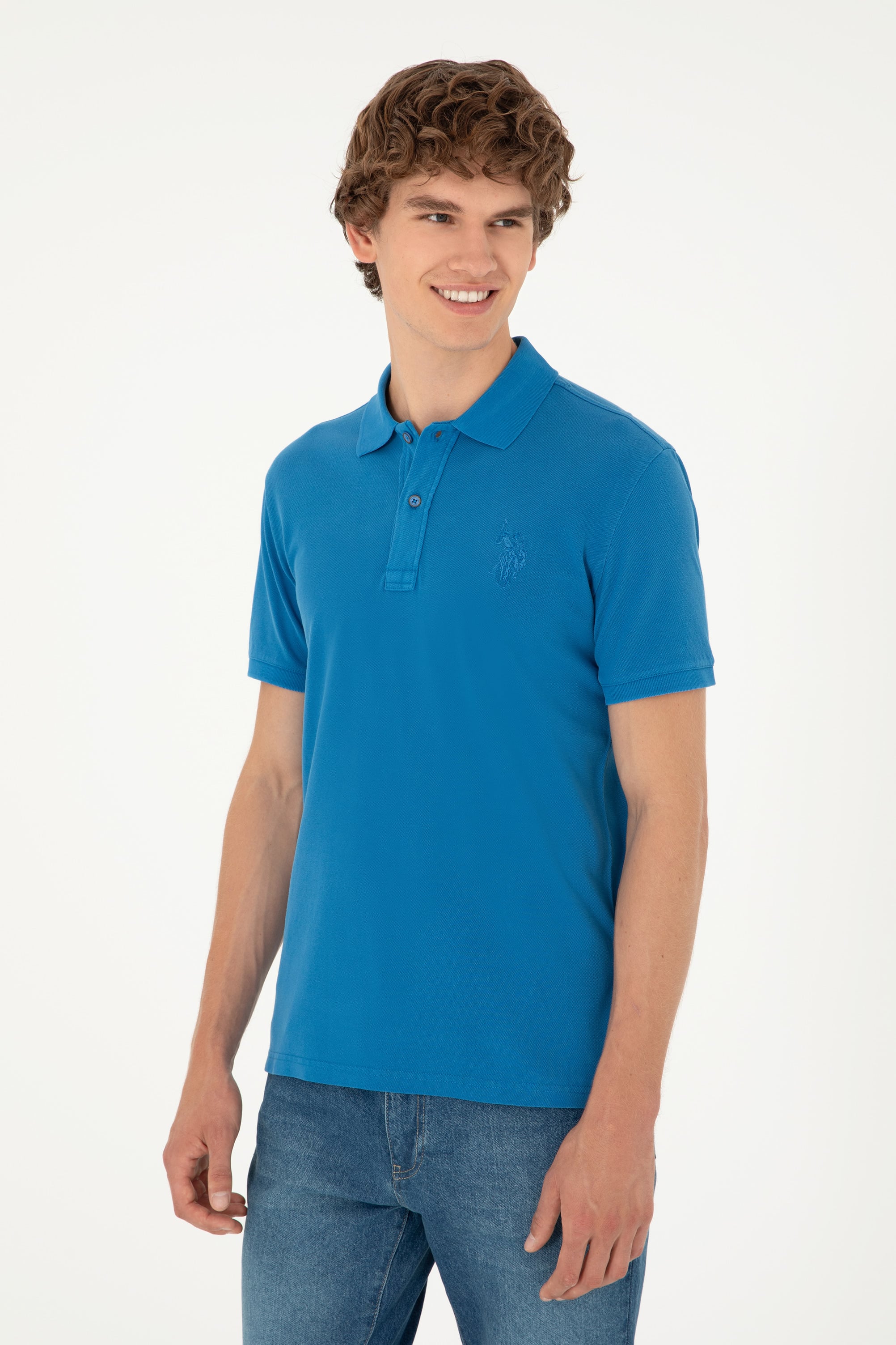 Erkek Slim Fit Polo Yaka Saks Basic Tişört