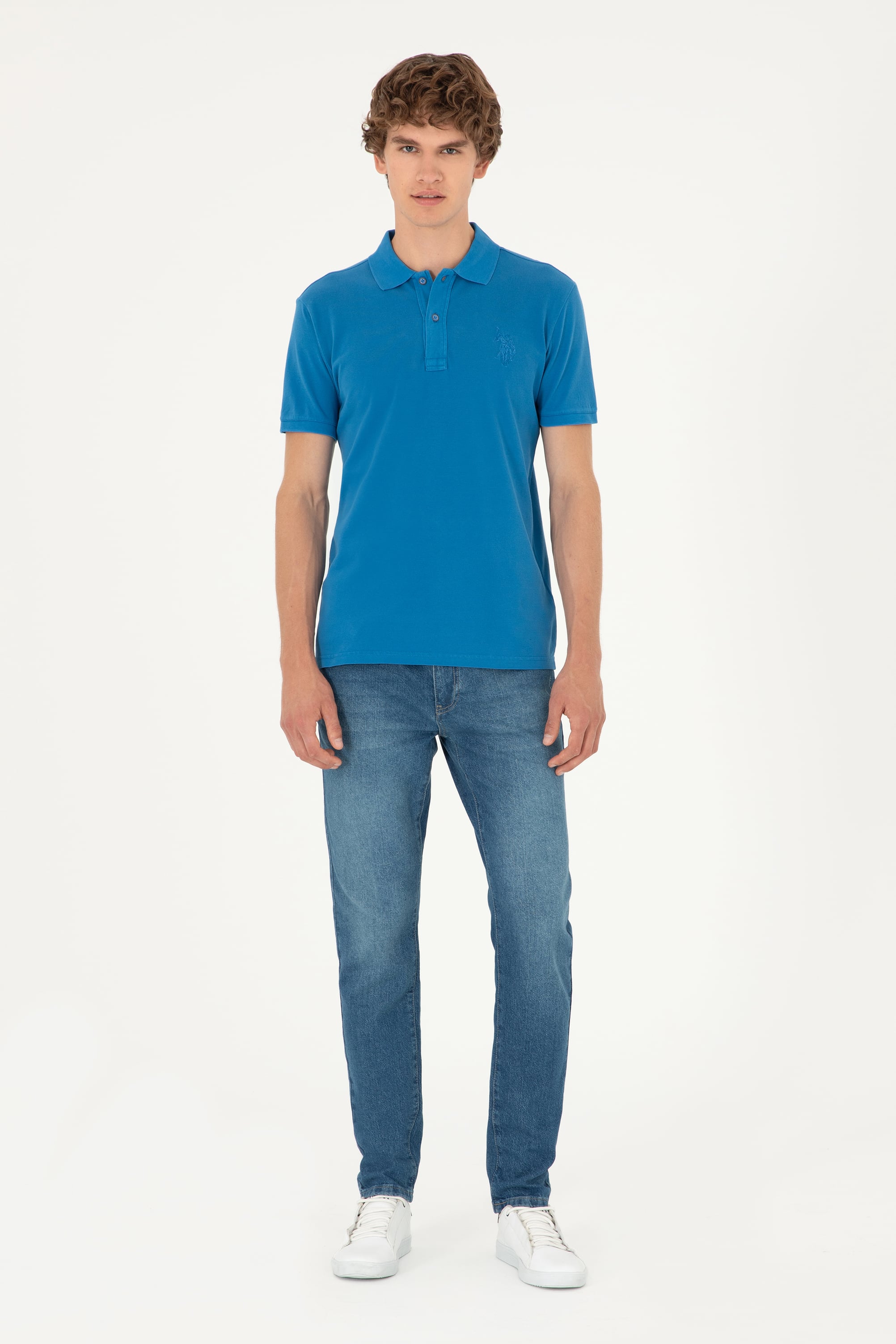 Erkek Slim Fit Polo Yaka Saks Basic Tişört - Image 4