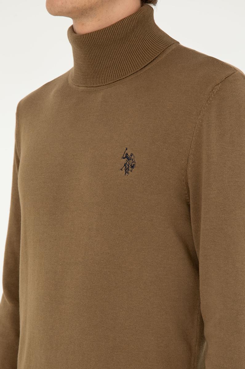 Erkek Slim Fit Boğazlı Yaka Haki Basic Kazak