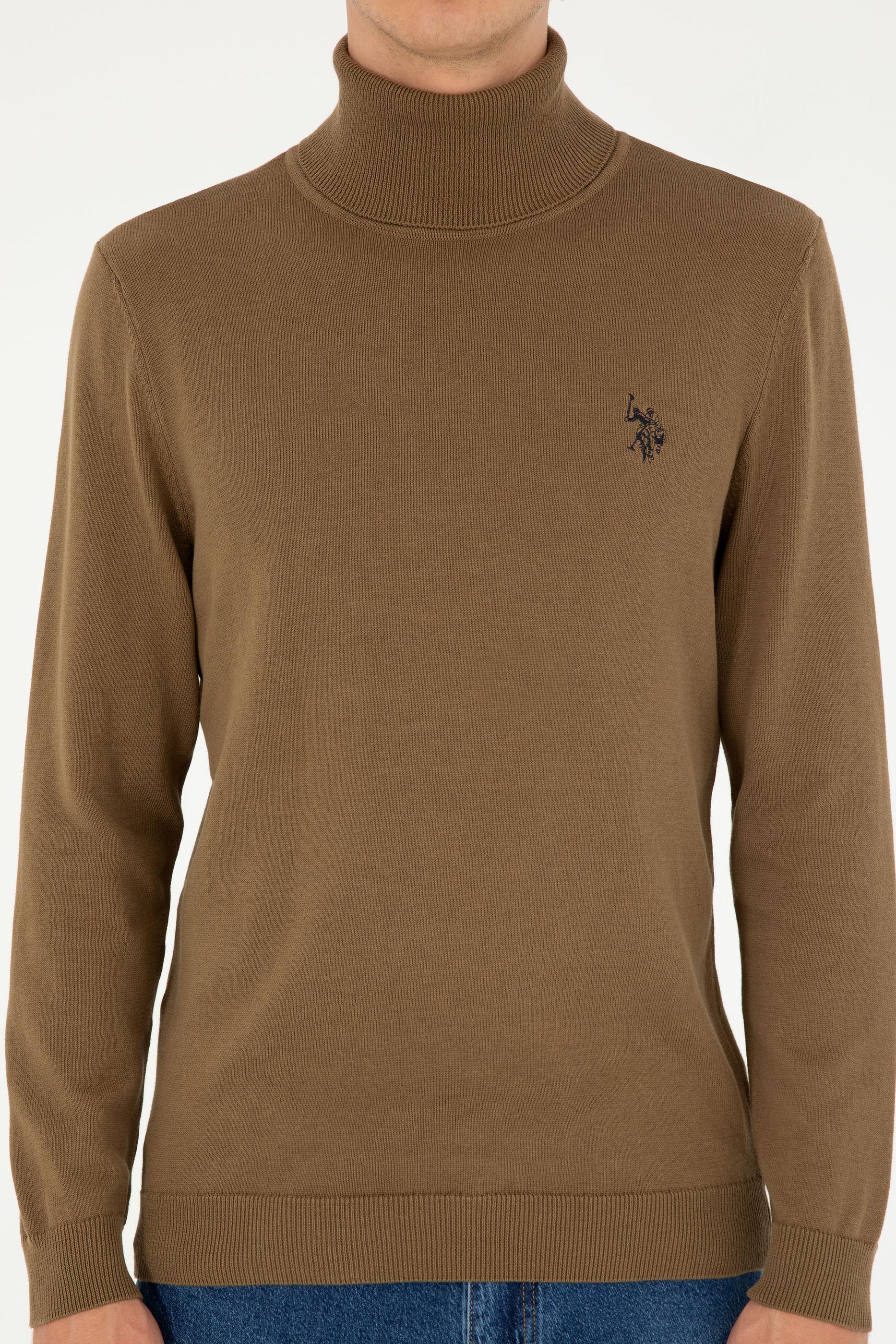 Erkek Slim Fit Boğazlı Yaka Haki Basic Kazak