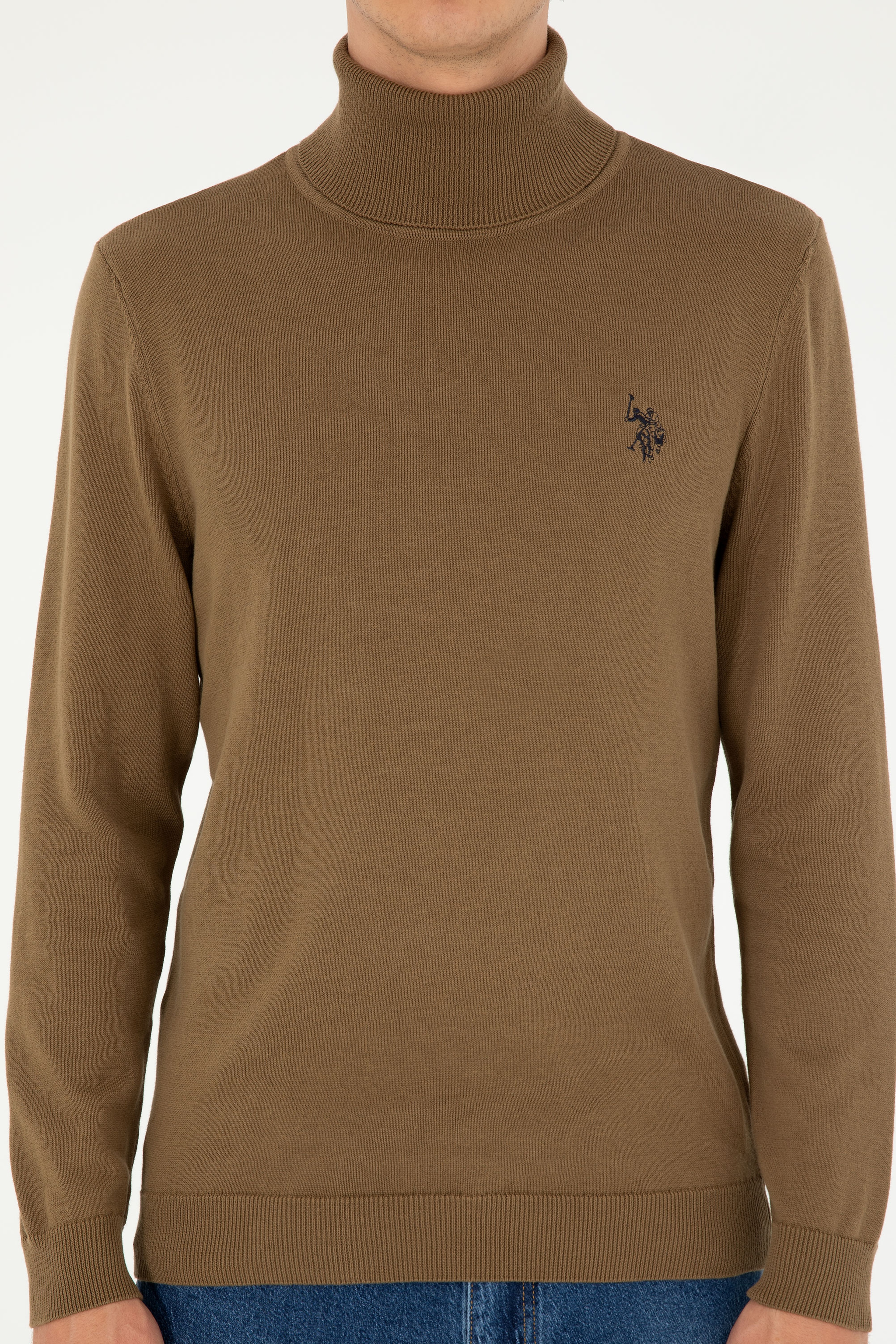 Erkek Slim Fit Boğazlı Yaka Haki Basic Kazak