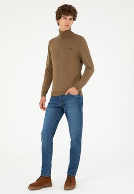 Erkek Slim Fit Boğazlı Yaka Haki Basic Kazak - 50293523035