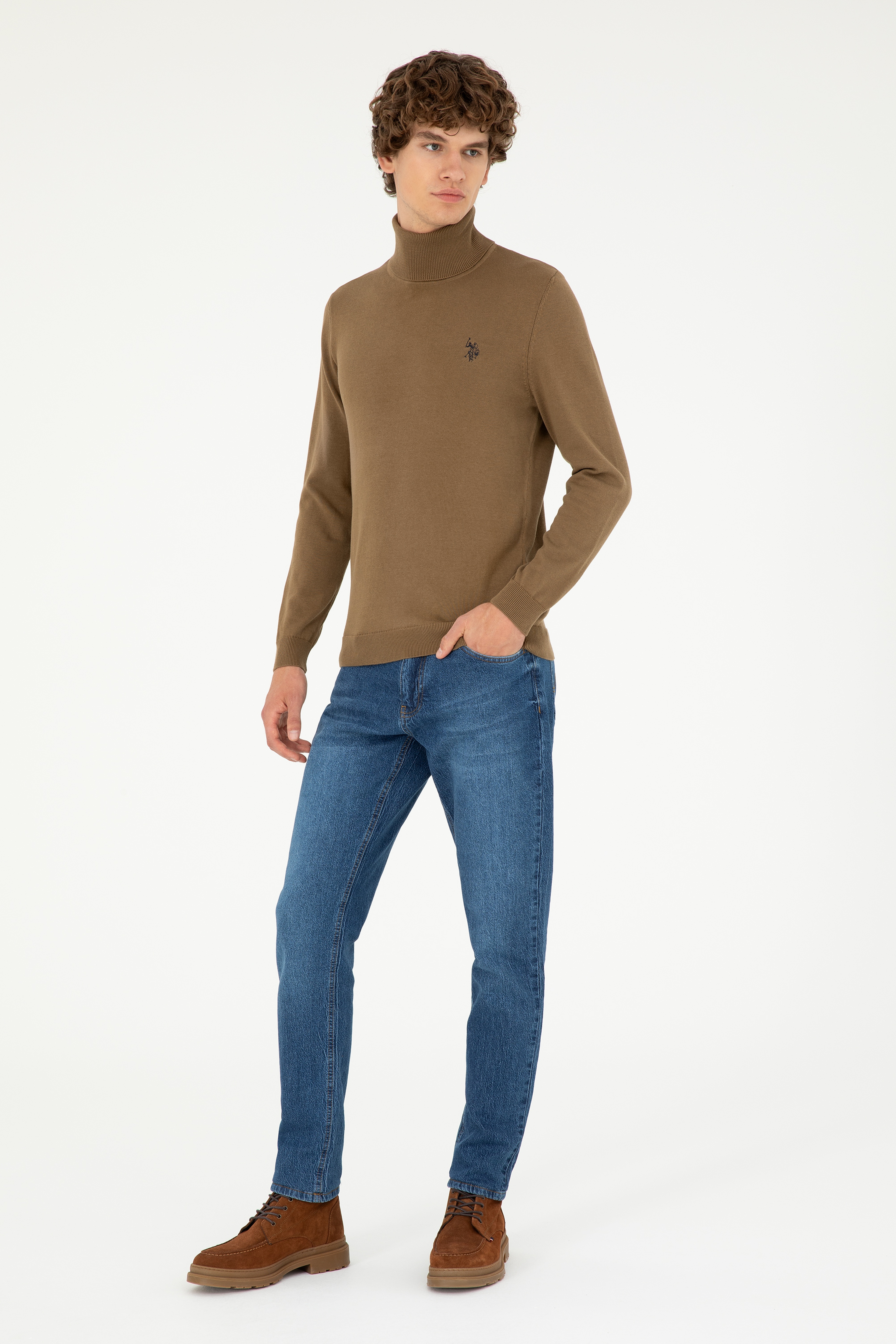 Erkek Slim Fit Boğazlı Yaka Haki Basic Kazak - Image 4