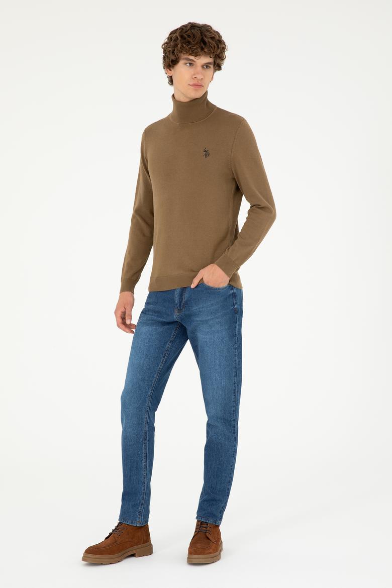 Erkek Slim Fit Boğazlı Yaka Haki Basic Kazak - 50293523035