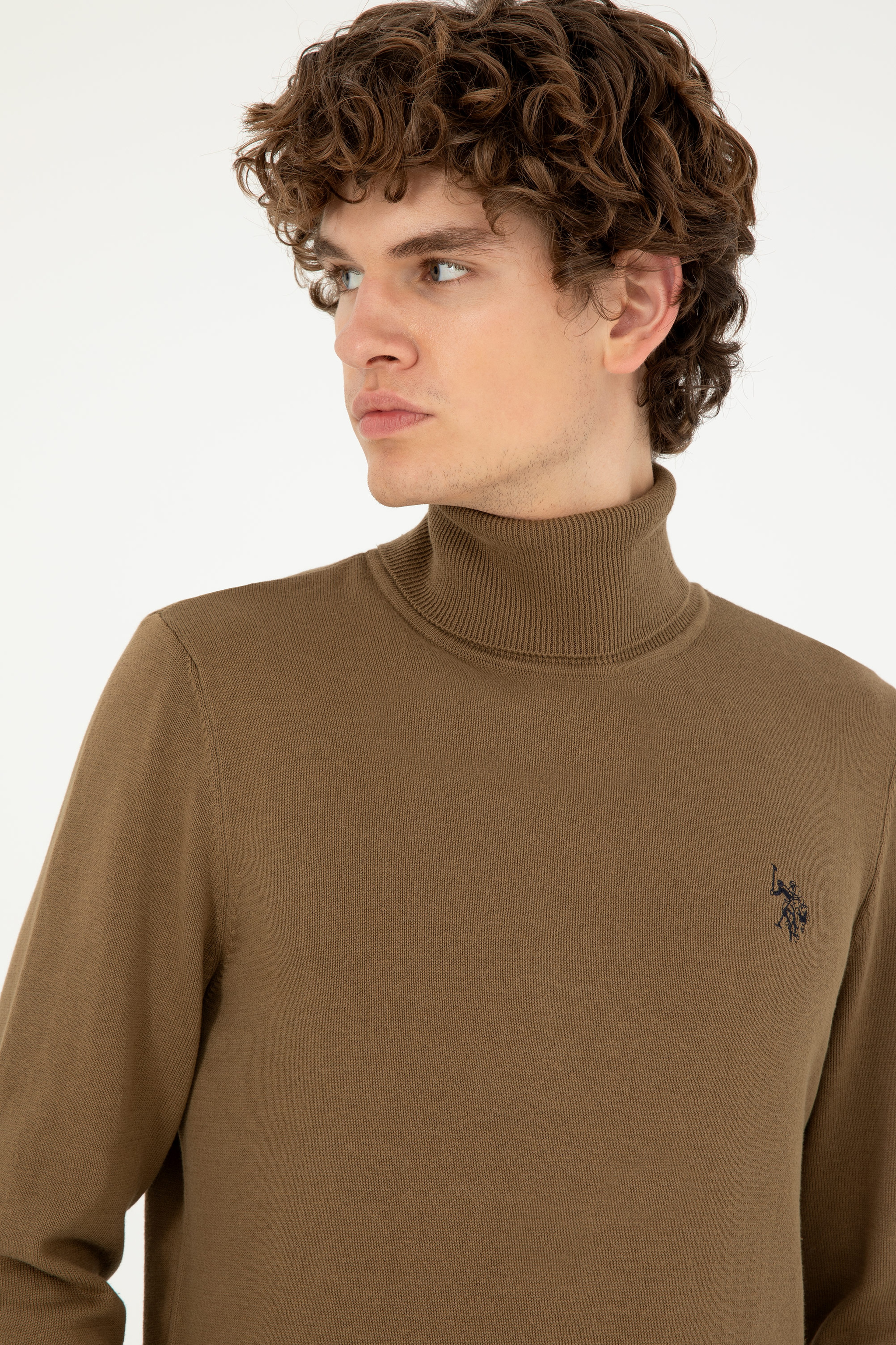 Erkek Slim Fit Boğazlı Yaka Haki Basic Kazak - Image 2