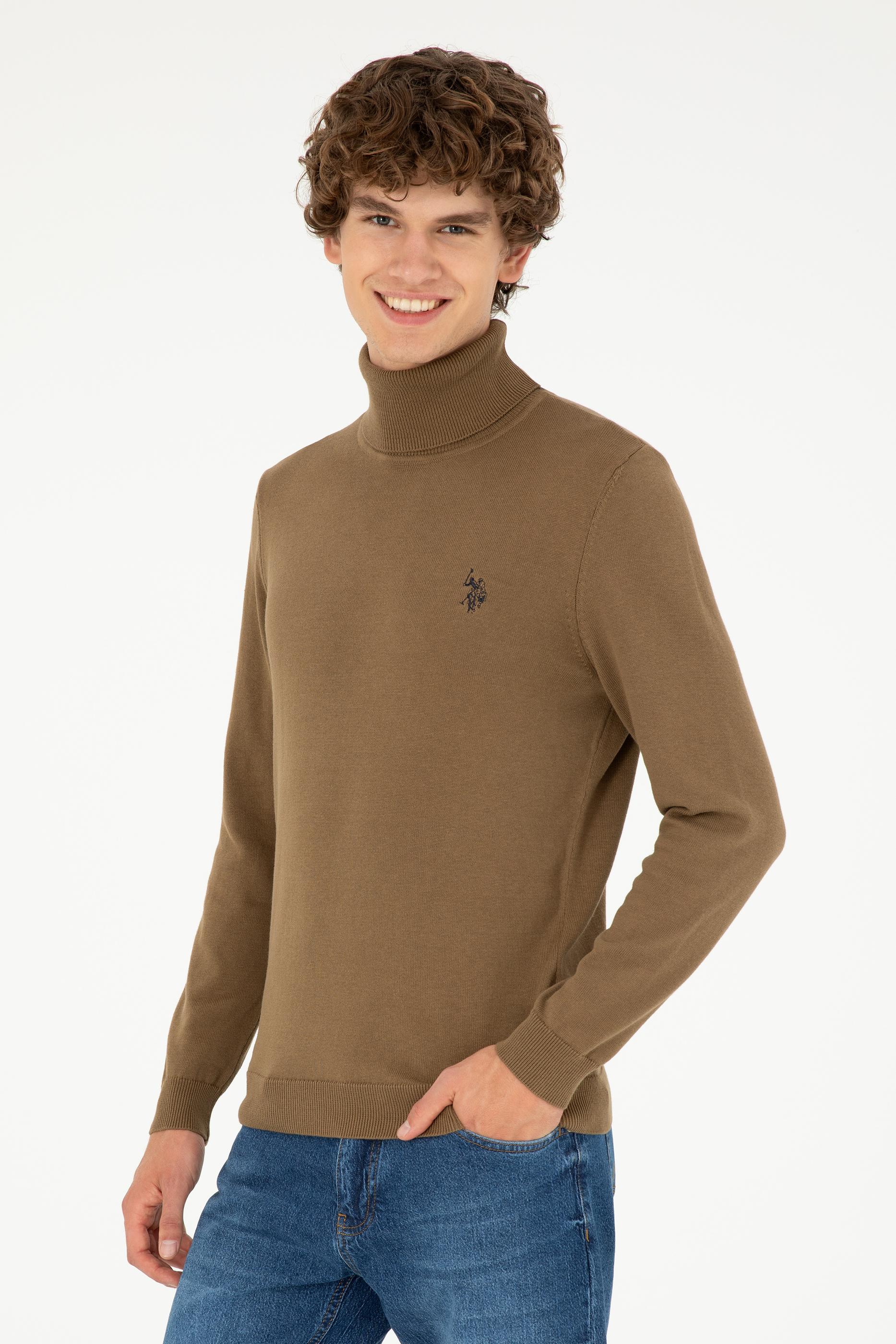 Erkek Slim Fit Boğazlı Yaka Haki Basic Kazak