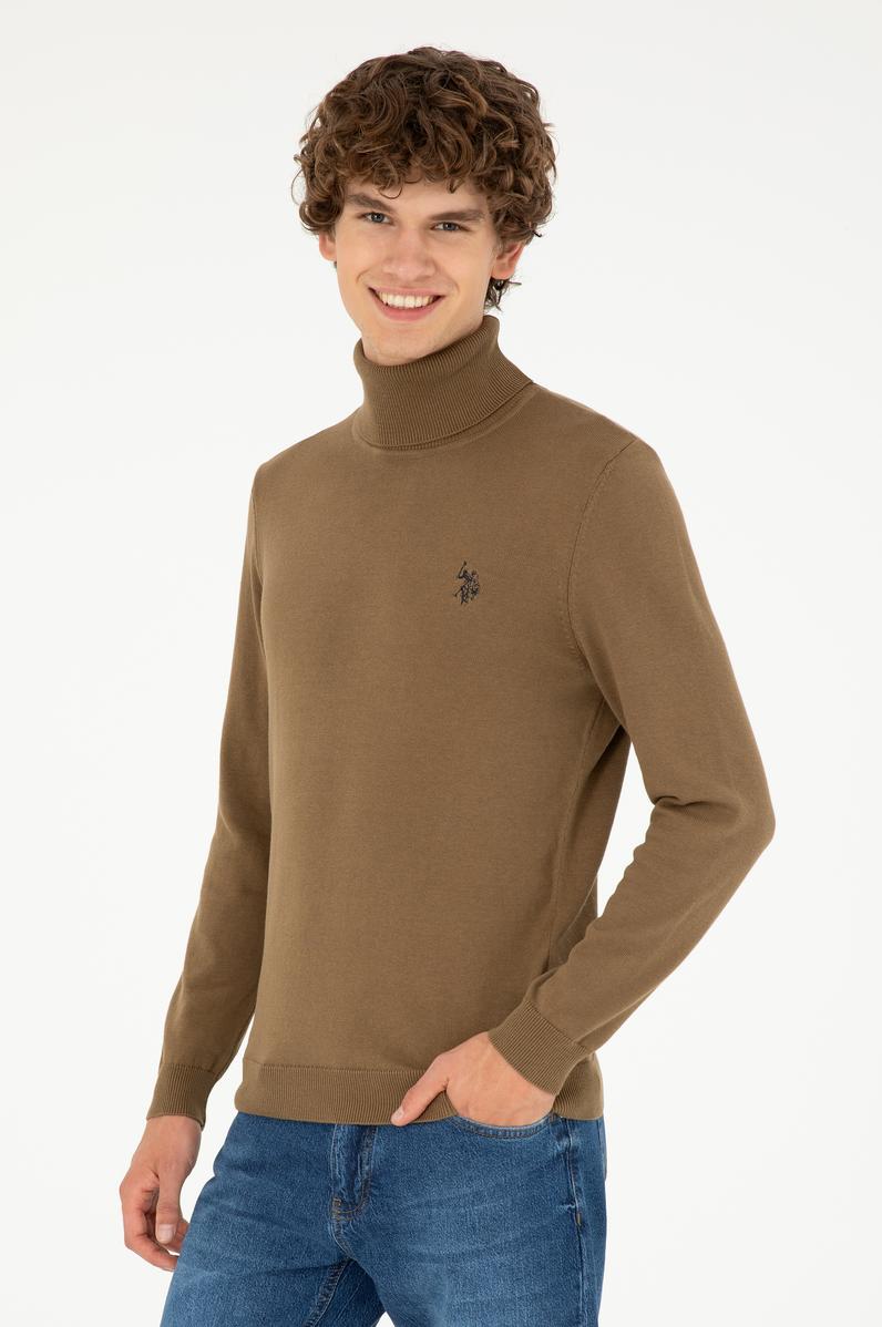 Erkek Slim Fit Boğazlı Yaka Haki Basic Kazak