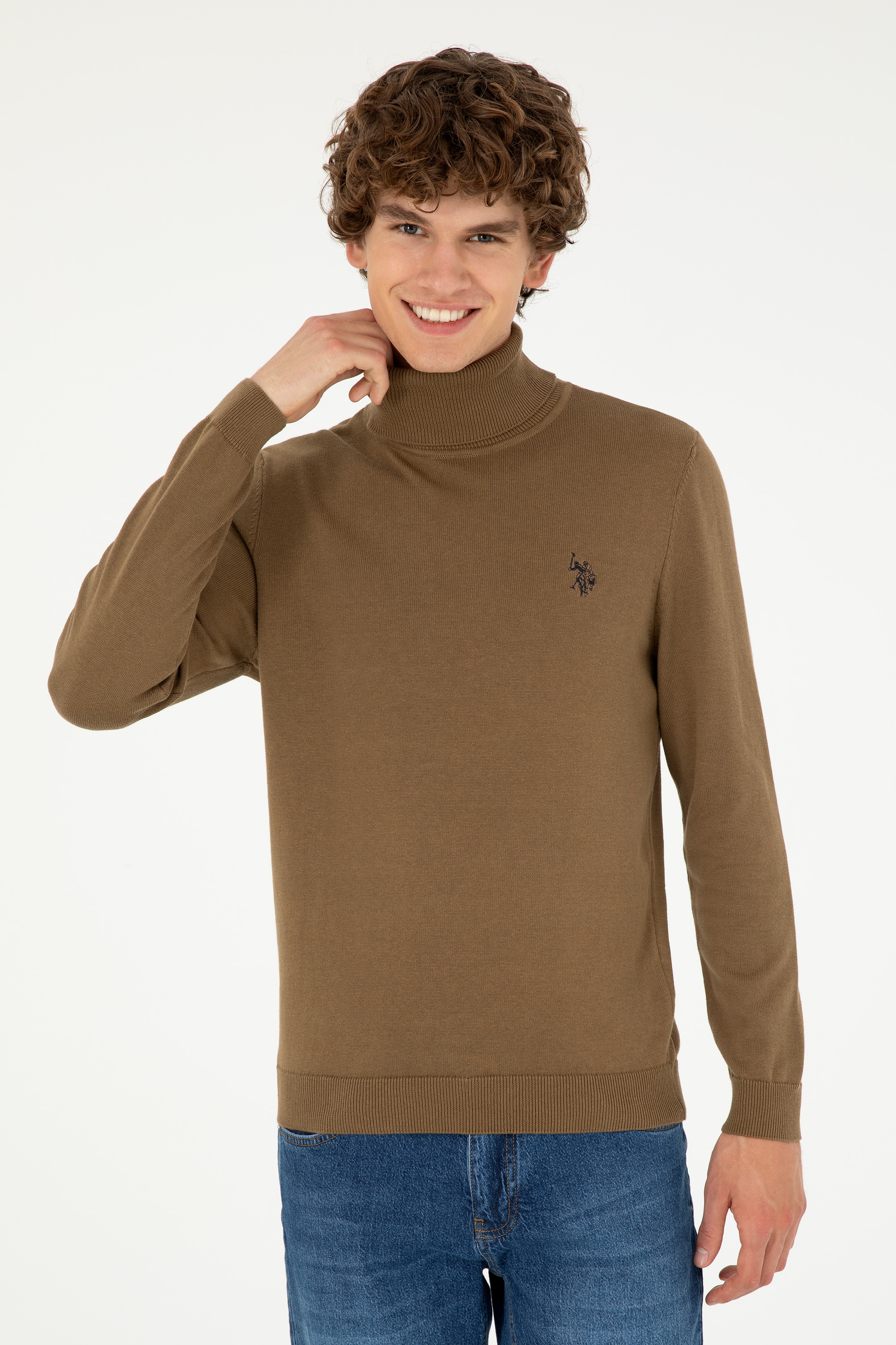 Erkek Slim Fit Boğazlı Yaka Haki Basic Kazak - Image 3