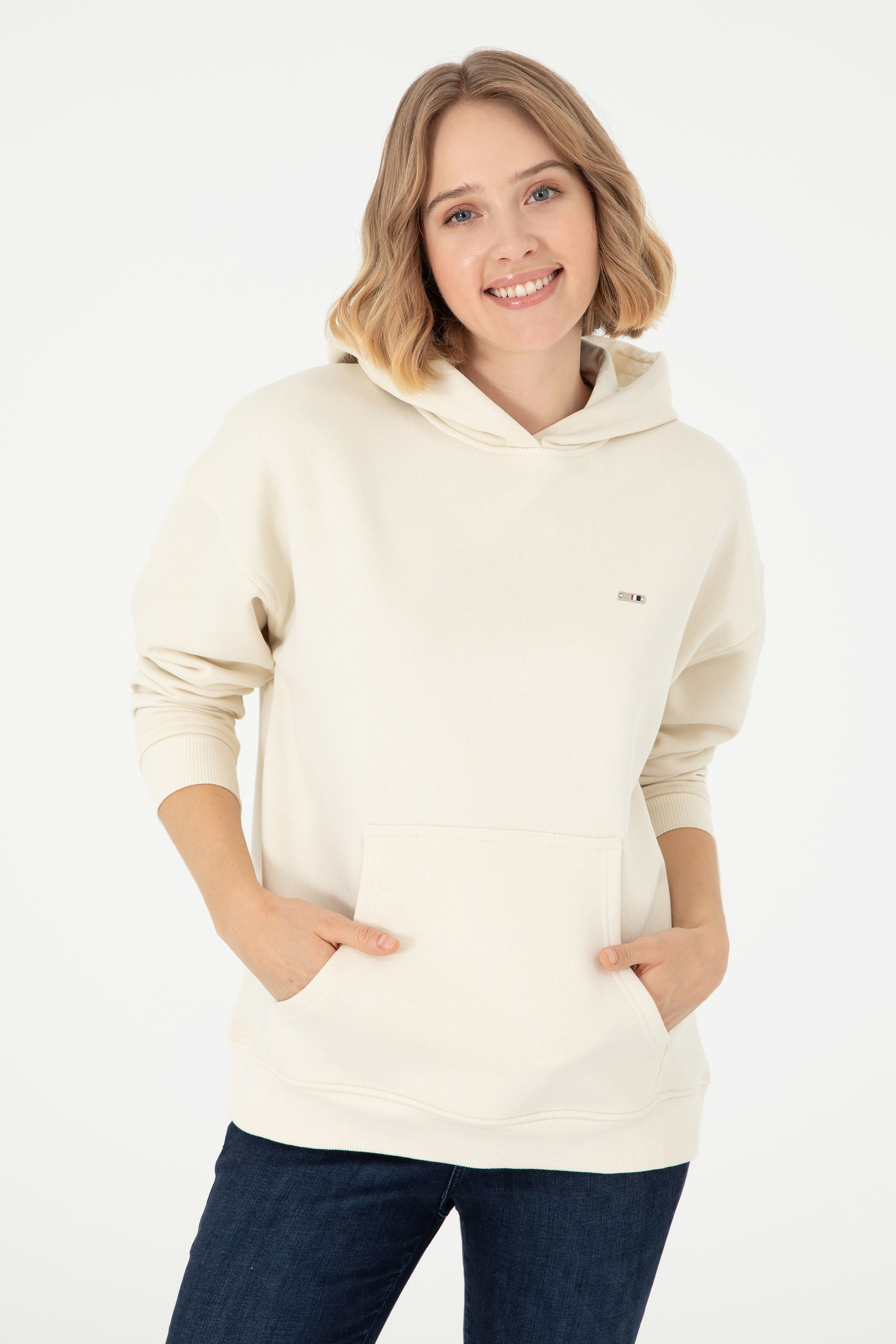 Kadın Krem Kapüşonlu Sweatshirt - Image 3