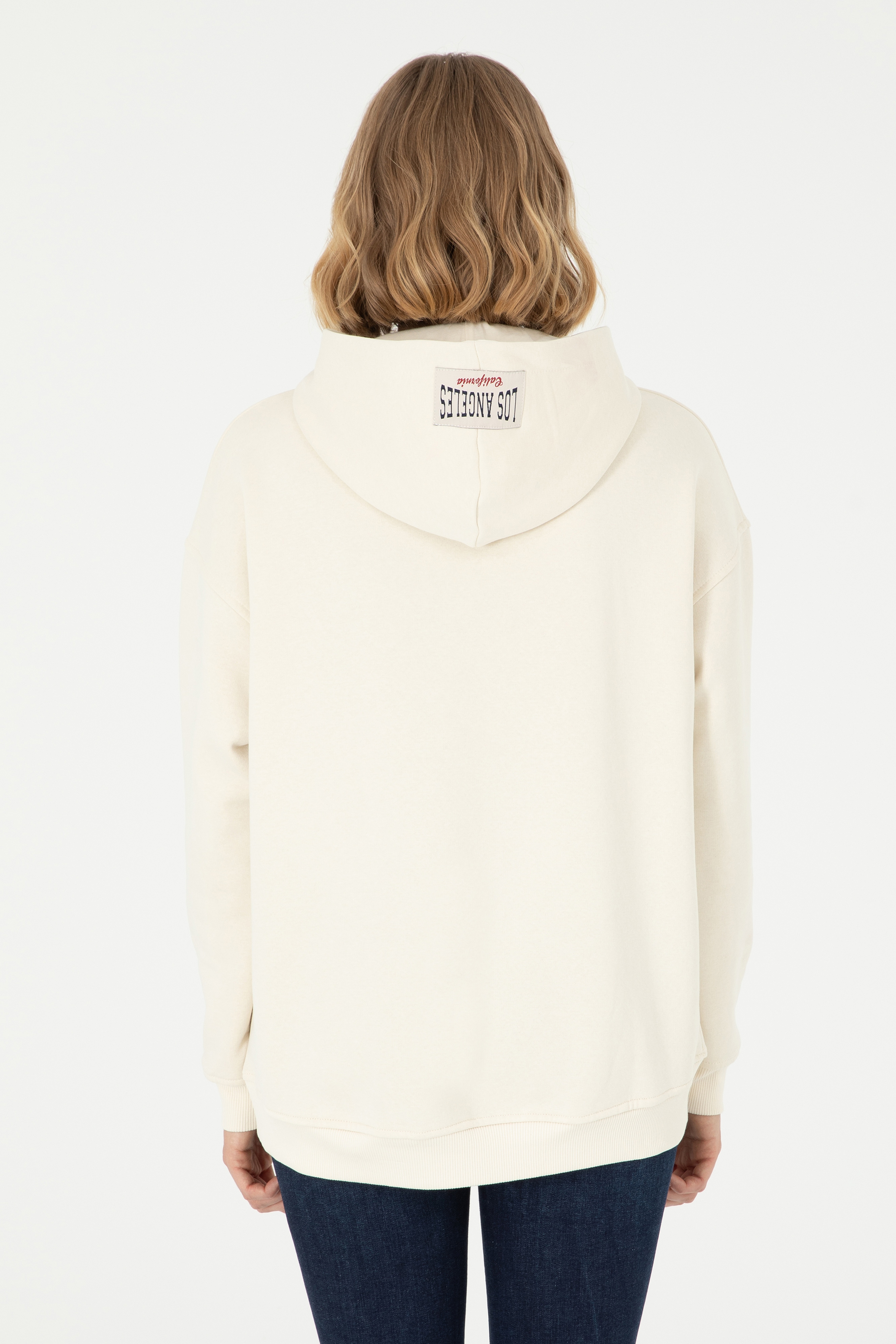 Kadın Krem Kapüşonlu Sweatshirt - Image 5