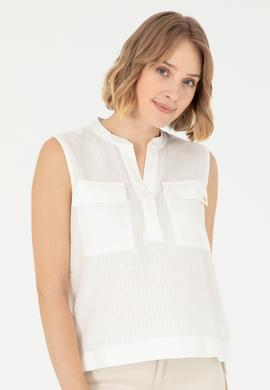 Kadın Ekru Kolsuz Hakim Yaka Tişört - 50283361008