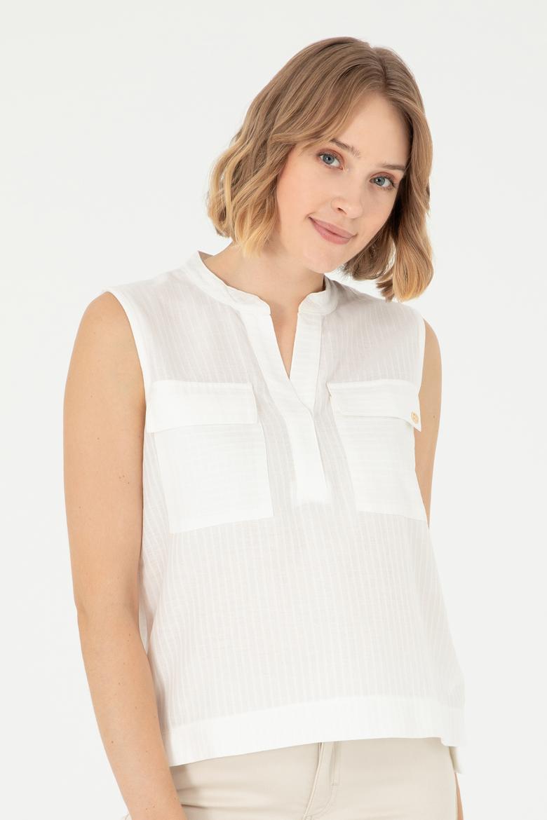 Kadın Ekru Kolsuz Hakim Yaka Tişört