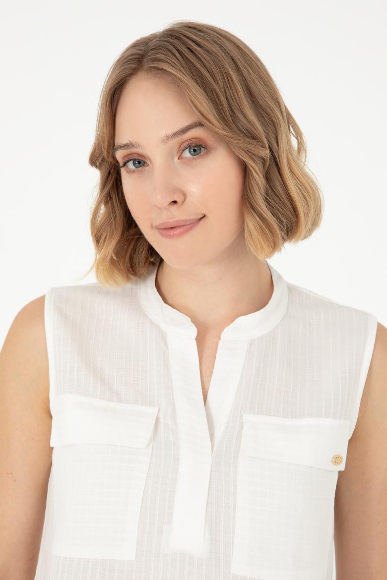 Kadın Ekru Kolsuz Hakim Yaka Tişört - 50283361008