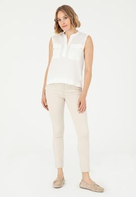 Kadın Ekru Kolsuz Hakim Yaka Tişört - 50283361008