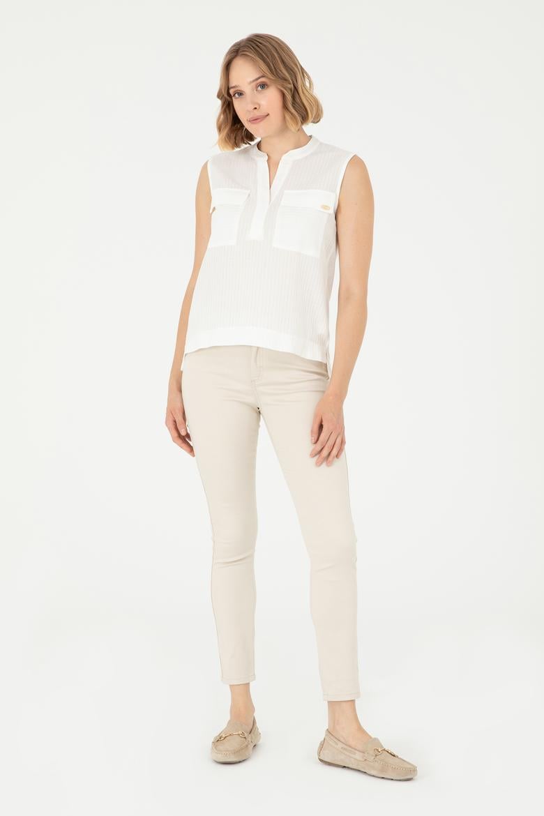 Kadın Ekru Kolsuz Hakim Yaka Tişört - 50283361008