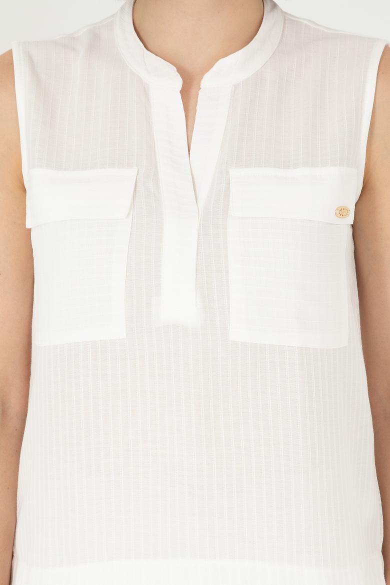 Kadın Ekru Kolsuz Hakim Yaka Tişört - 50283361008