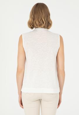 Kadın Ekru Kolsuz Hakim Yaka Tişört - 50283361008