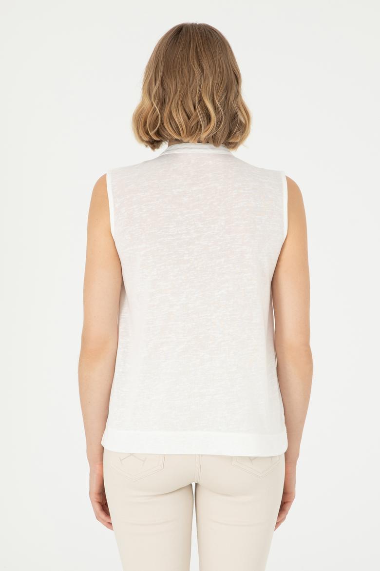 Kadın Ekru Kolsuz Hakim Yaka Tişört - 50283361008