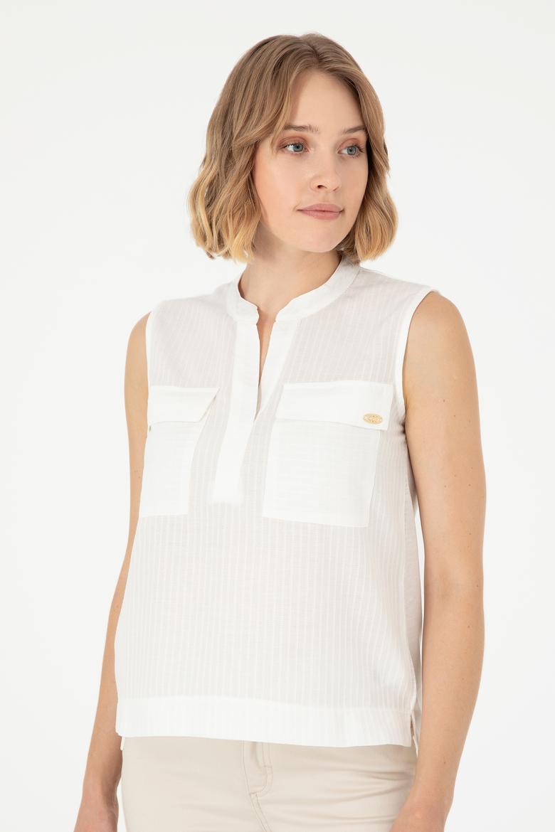 Kadın Ekru Kolsuz Hakim Yaka Tişört - 50283361008