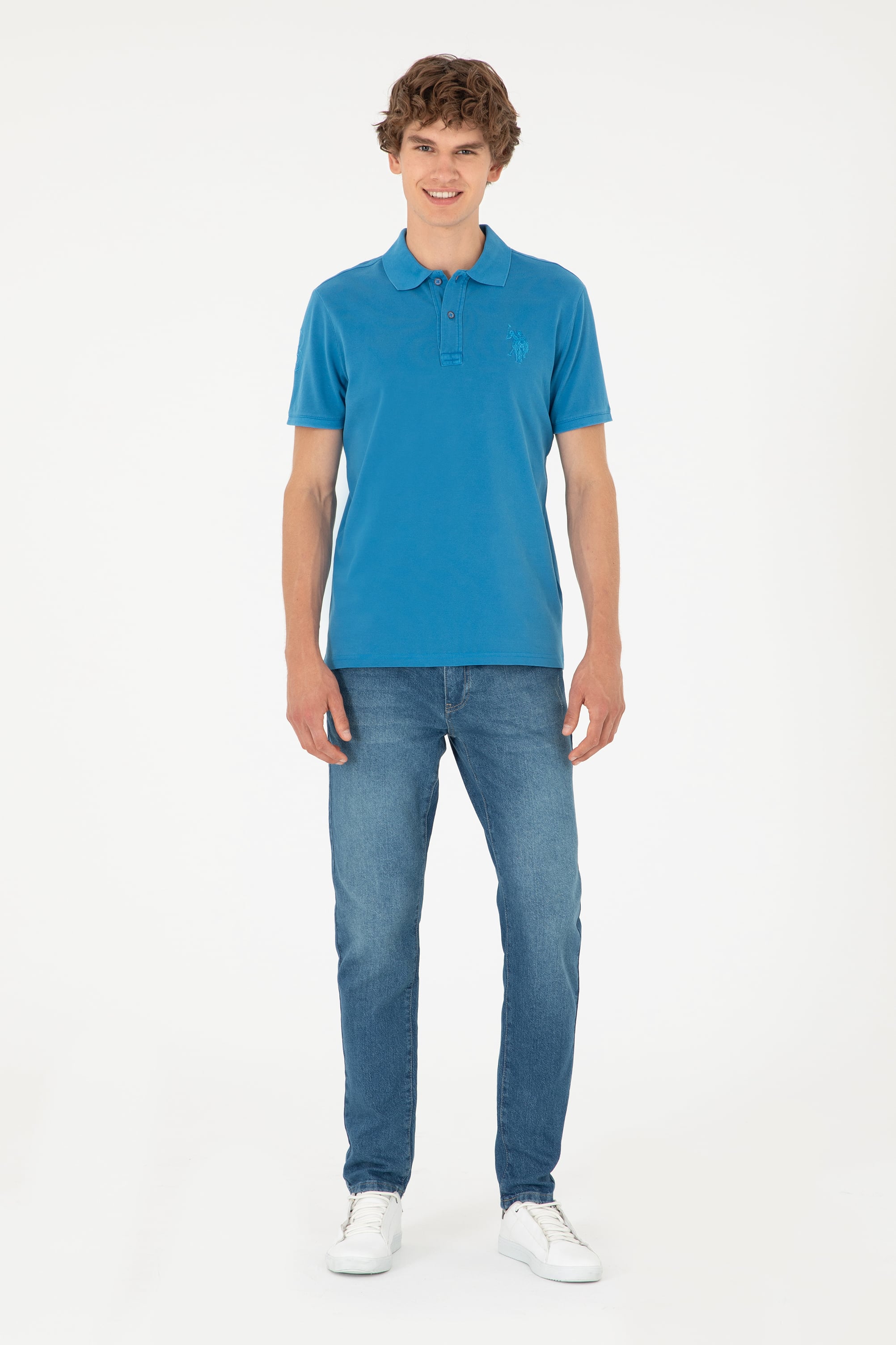Erkek Slim Fit Polo Yaka Saks Basic Tişört