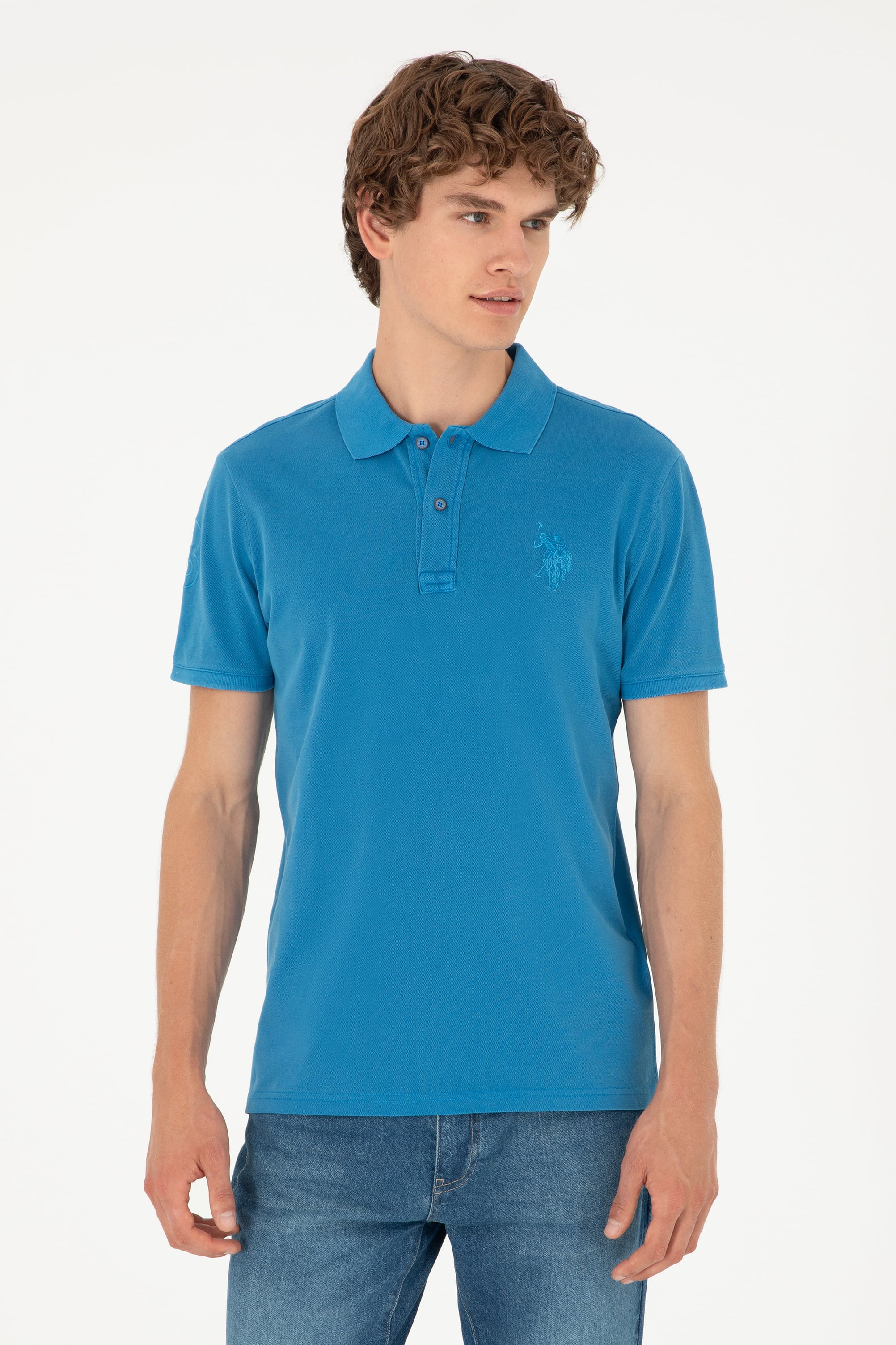 Erkek Slim Fit Polo Yaka Saks Basic Tişört - Image 1